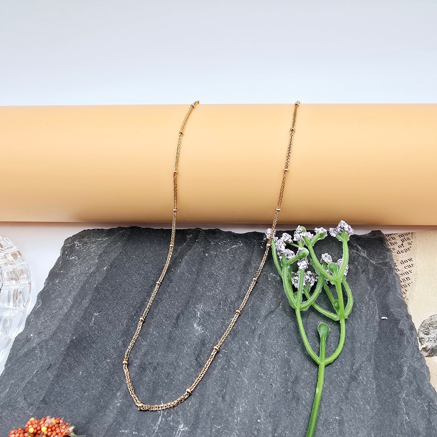 Delicate Rose Gold Chain Necklace with Bead Accents – 17.7 Inch, XPNL0009 (2001-9)