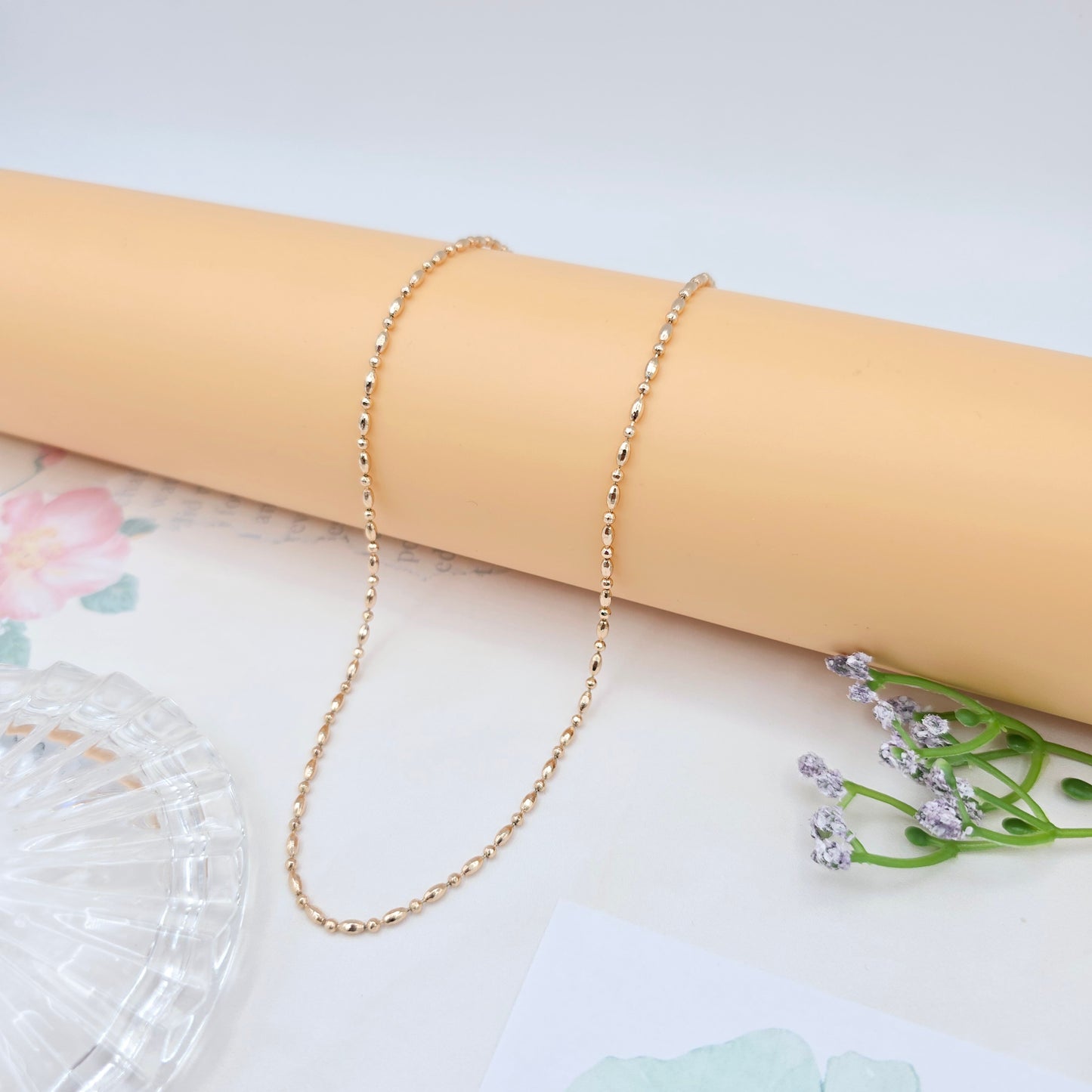 Dainty Rose Gold Beaded Chain Necklace, 17.7 Inch Everyday Style, XPNL0028 (2003-8)