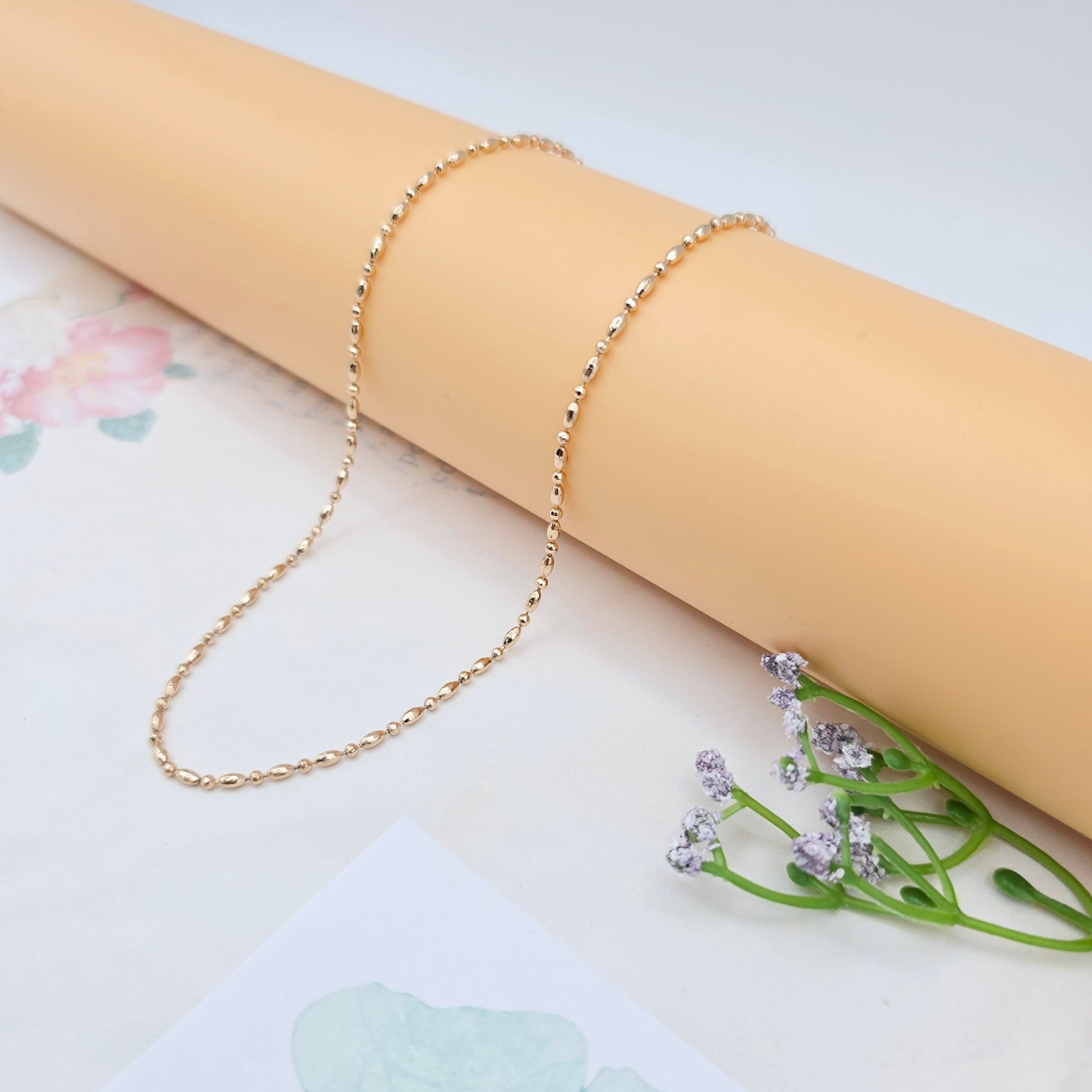 Dainty Rose Gold Beaded Chain Necklace, 17.7 Inch Everyday Style, XPNL0028 (2003-8)