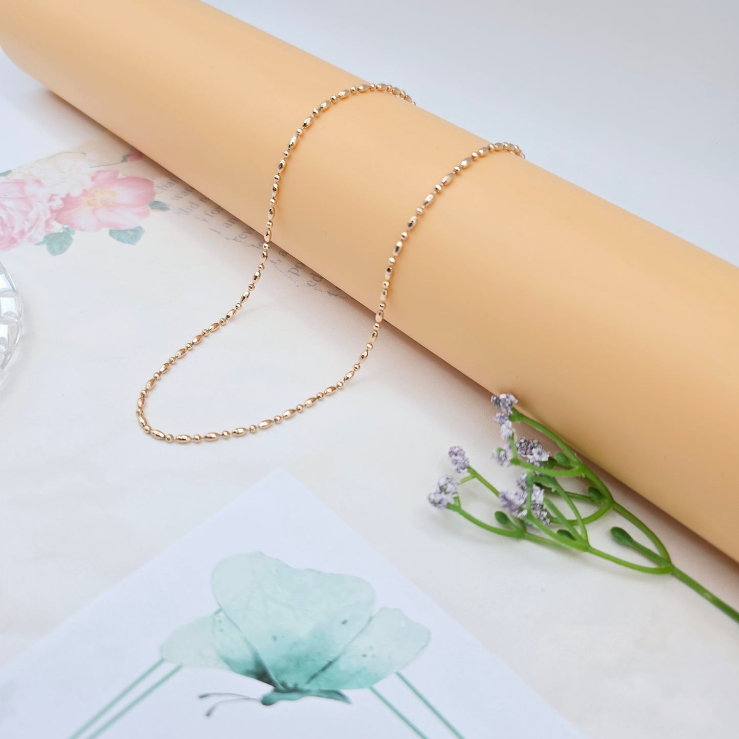 Dainty Rose Gold Beaded Chain Necklace, 17.7 Inch Everyday Style, XPNL0028 (2003-8)
