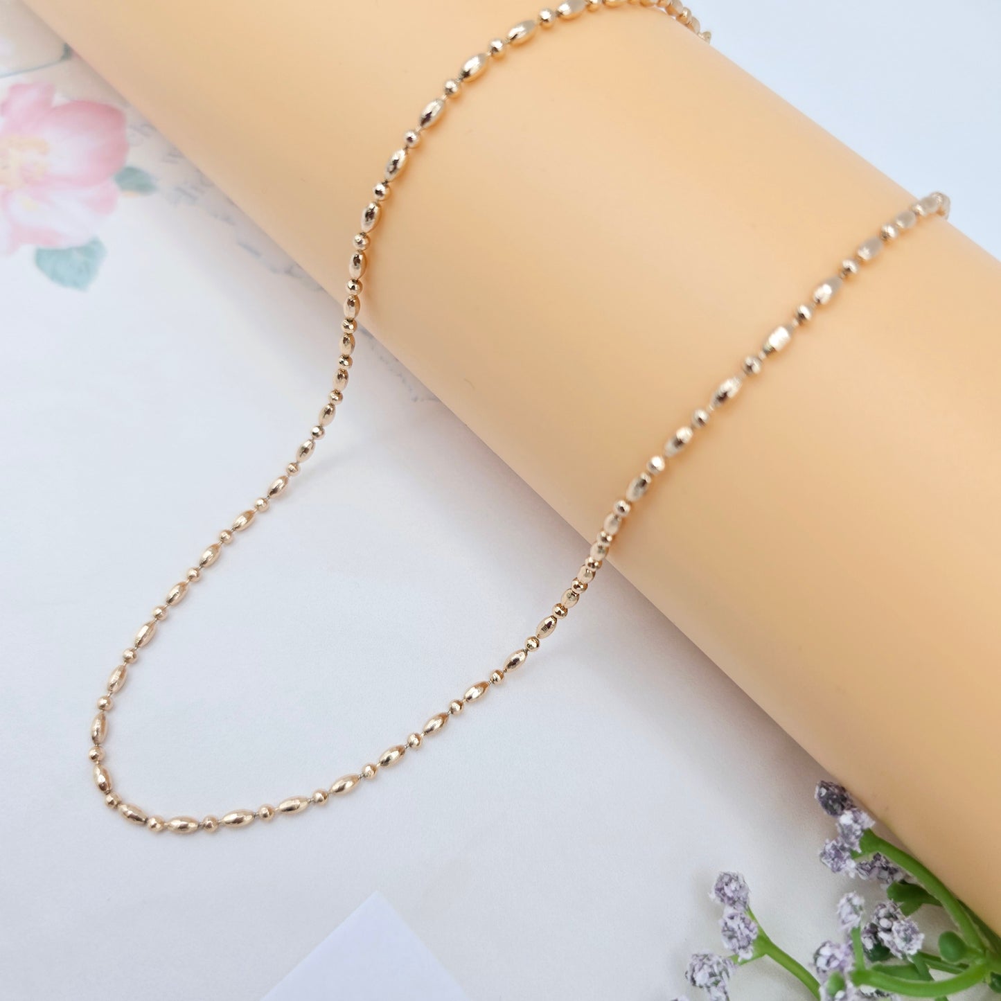 Dainty Rose Gold Beaded Chain Necklace, 17.7 Inch Everyday Style, XPNL0028 (2003-8)