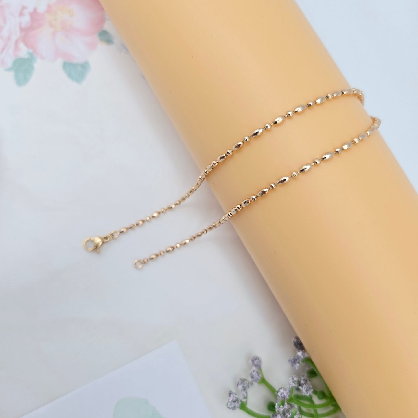 Dainty Rose Gold Beaded Chain Necklace, 17.7 Inch Everyday Style, XPNL0028 (2003-8)
