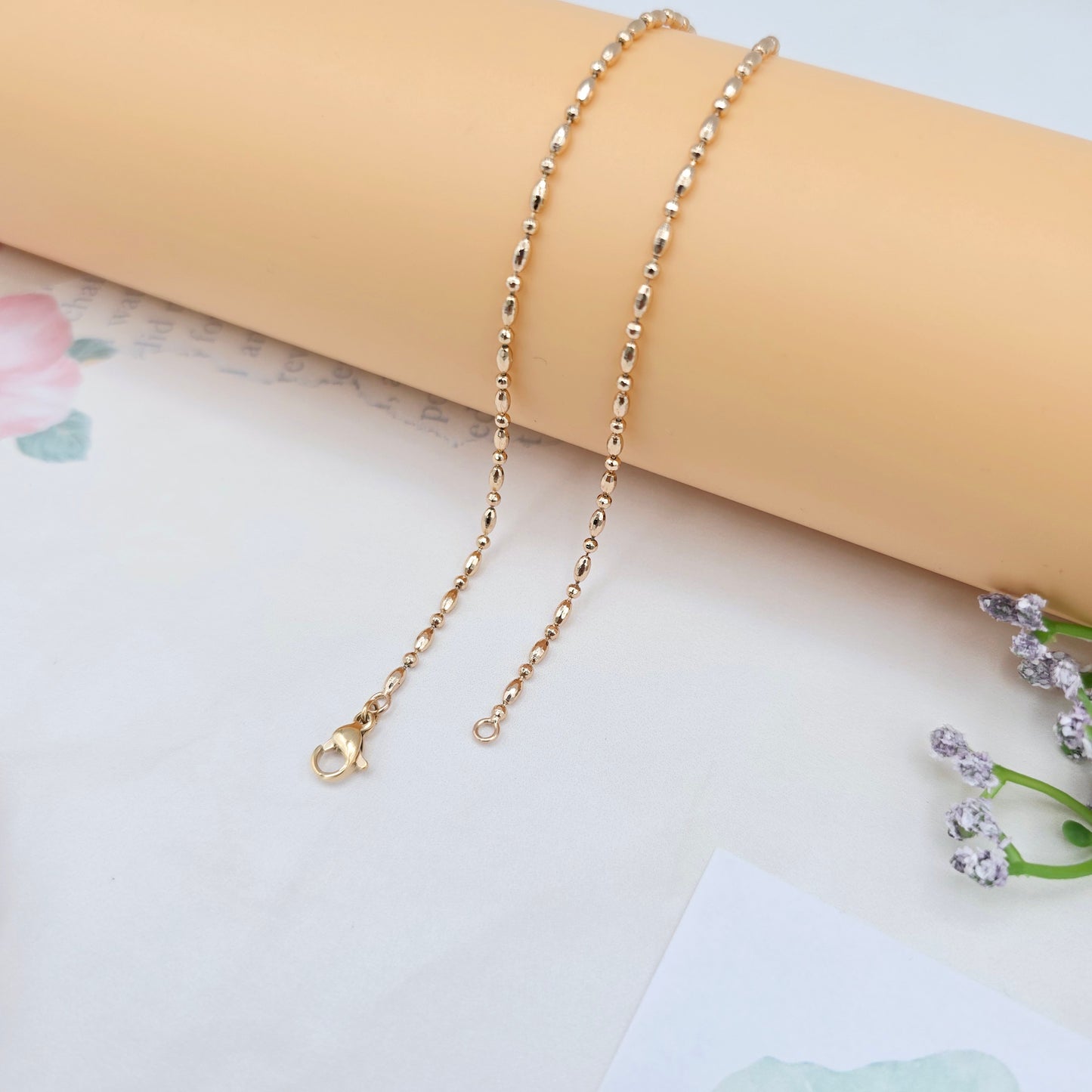 Dainty Rose Gold Beaded Chain Necklace, 17.7 Inch Everyday Style, XPNL0028 (2003-8)