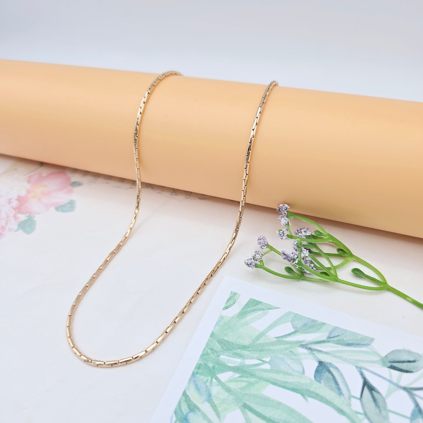 Slim Rose Gold Rectangle Link Necklace, 19.7 Inch Polished Chain, XPNL0038 (2004-8)