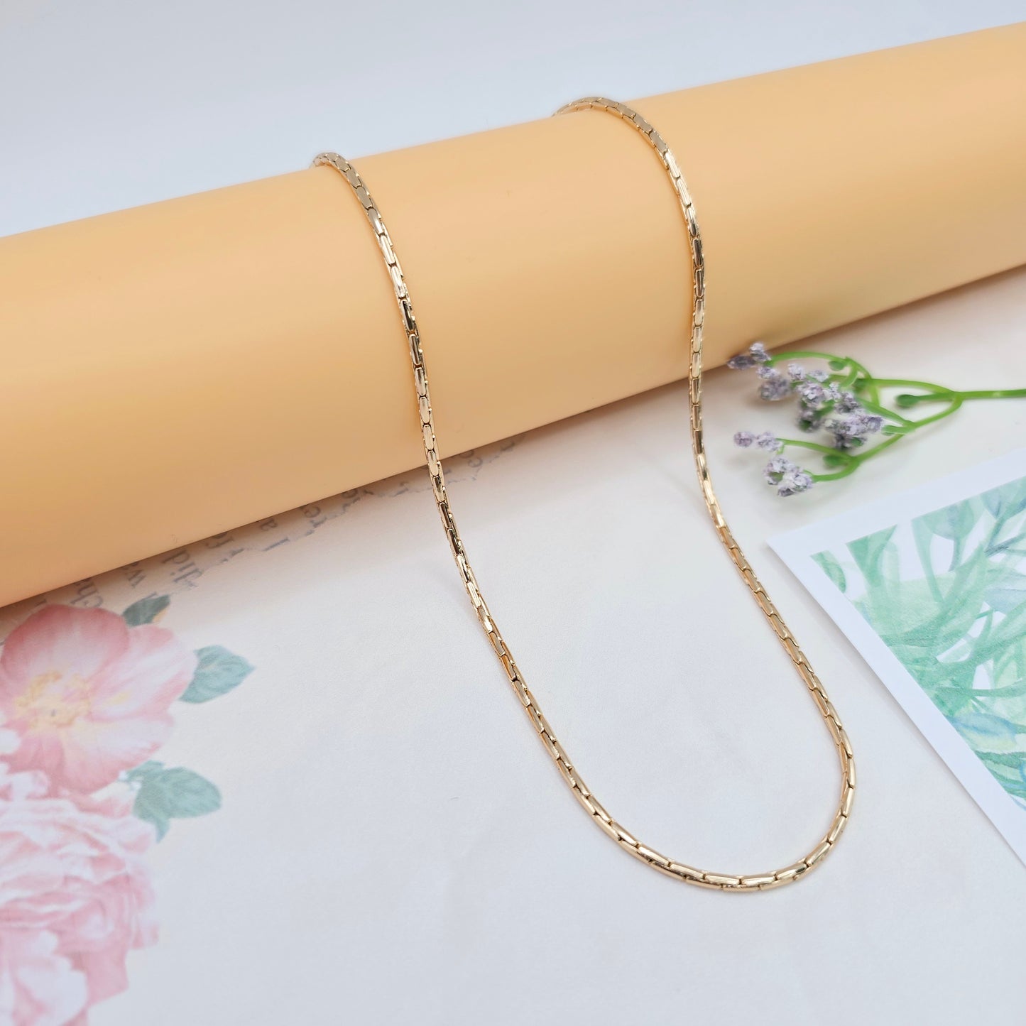 Slim Rose Gold Rectangle Link Necklace, 19.7 Inch Polished Chain, XPNL0038 (2004-8)