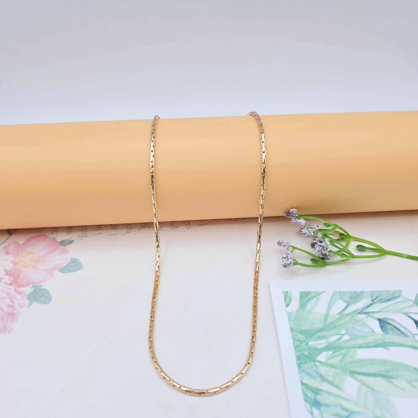 Slim Rose Gold Rectangle Link Necklace, 19.7 Inch Polished Chain, XPNL0038 (2004-8)