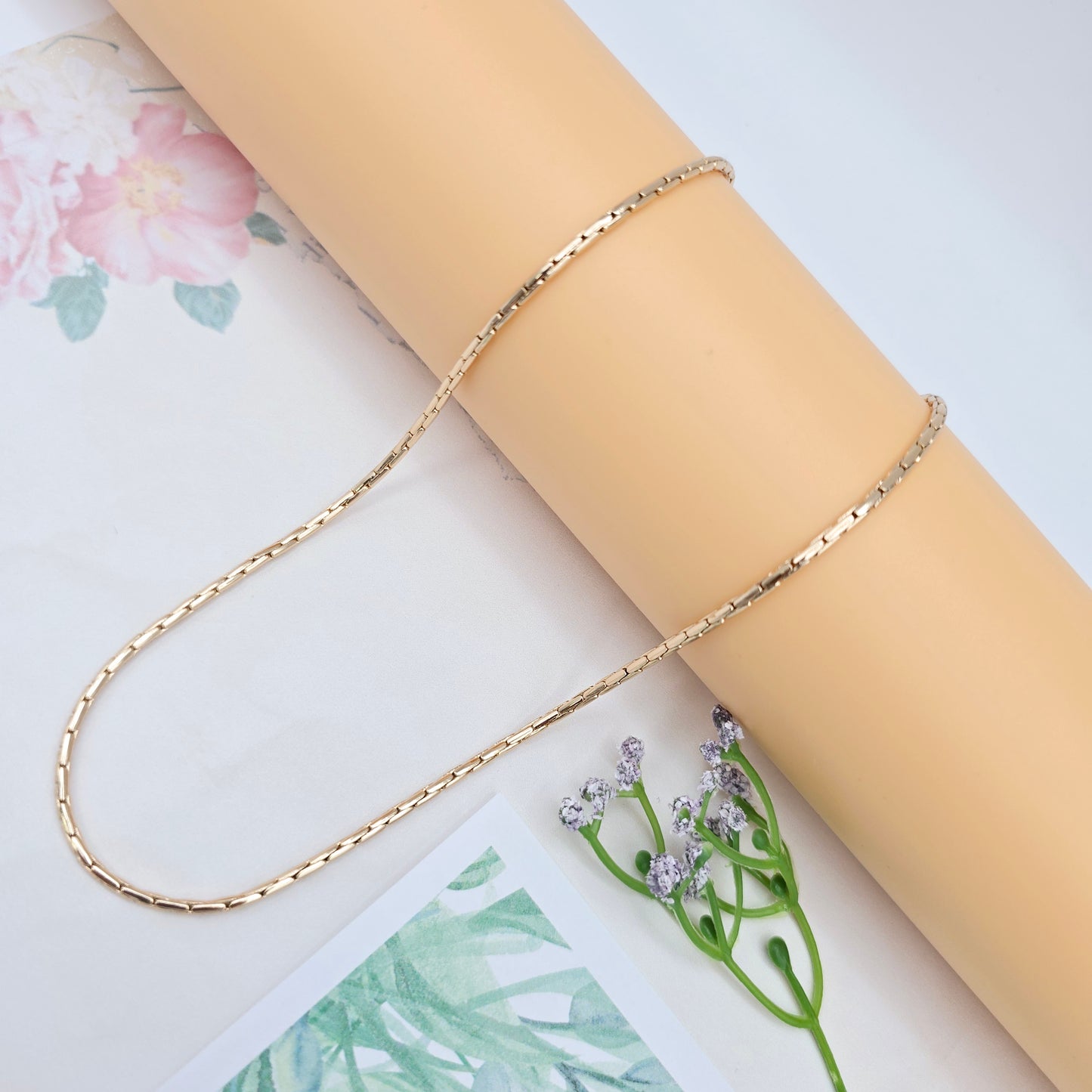 Slim Rose Gold Rectangle Link Necklace, 19.7 Inch Polished Chain, XPNL0038 (2004-8)