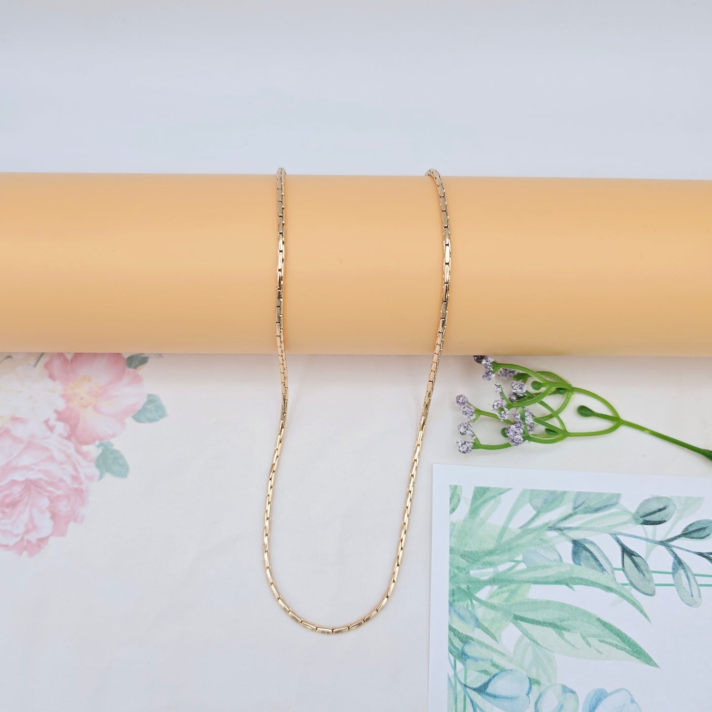 Slim Rose Gold Rectangle Link Necklace, 19.7 Inch Polished Chain, XPNL0038 (2004-8)