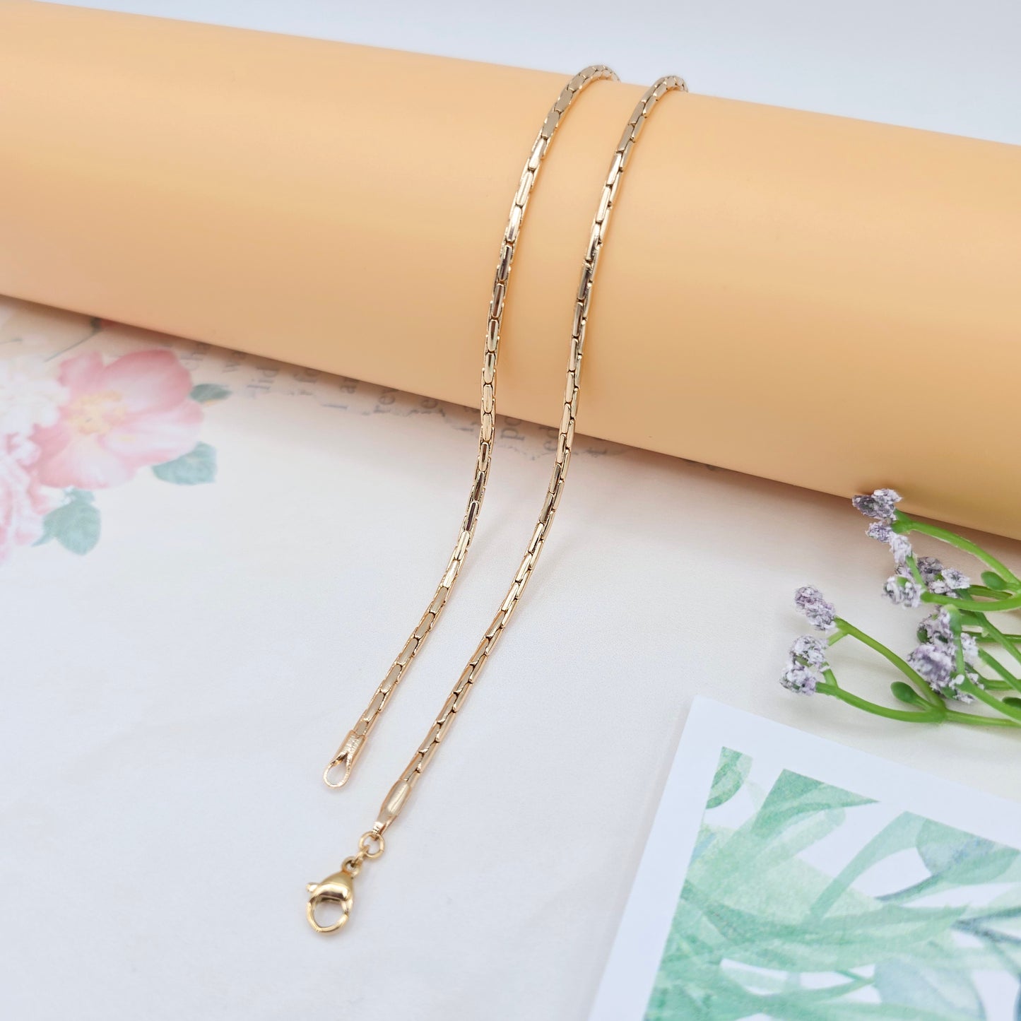 Slim Rose Gold Rectangle Link Necklace, 19.7 Inch Polished Chain, XPNL0038 (2004-8)