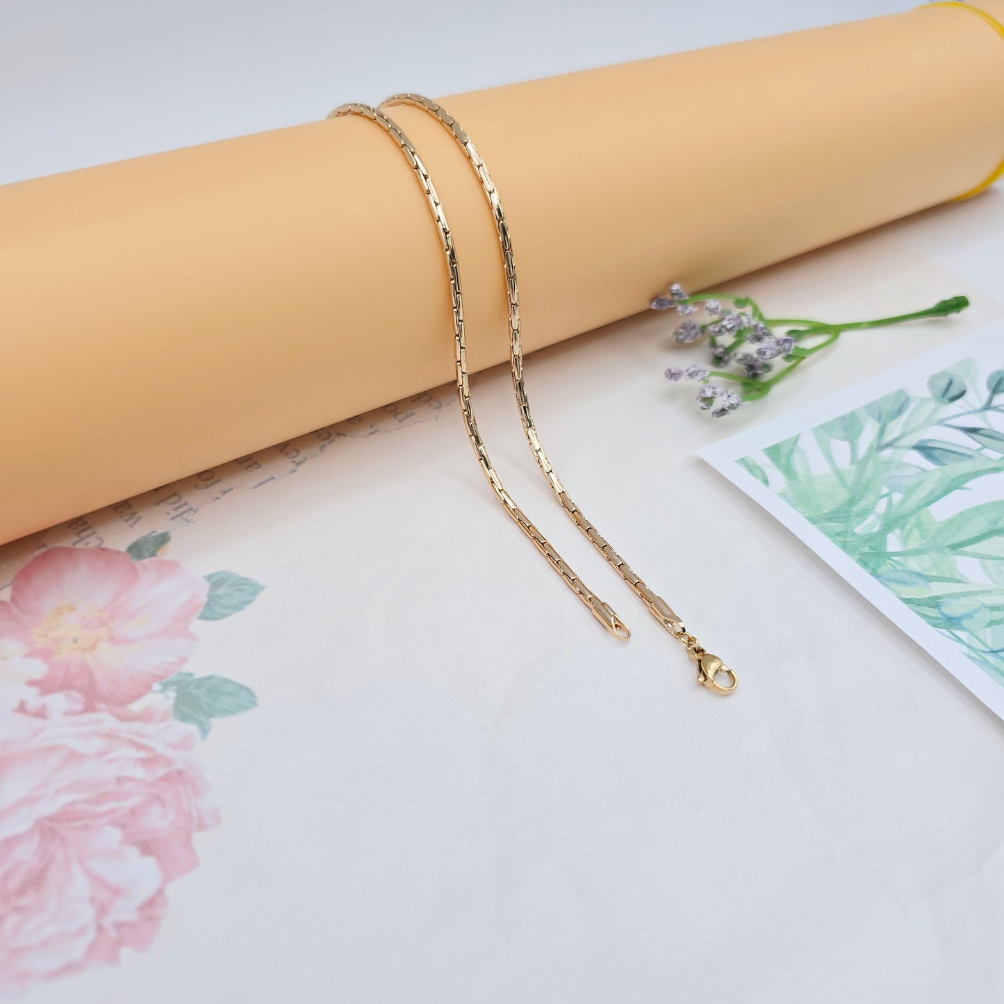 Slim Rose Gold Rectangle Link Necklace, 19.7 Inch Polished Chain, XPNL0038 (2004-8)