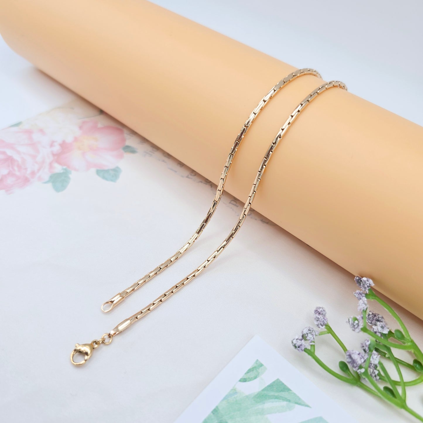 Slim Rose Gold Rectangle Link Necklace, 19.7 Inch Polished Chain, XPNL0038 (2004-8)