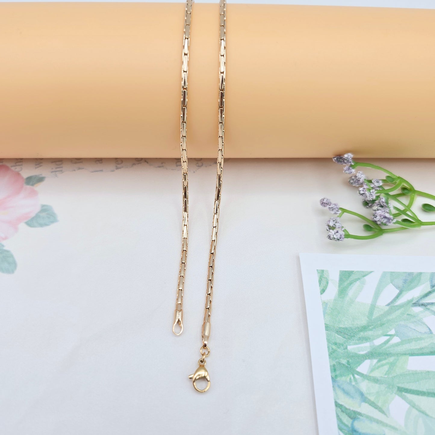 Slim Rose Gold Rectangle Link Necklace, 19.7 Inch Polished Chain, XPNL0038 (2004-8)