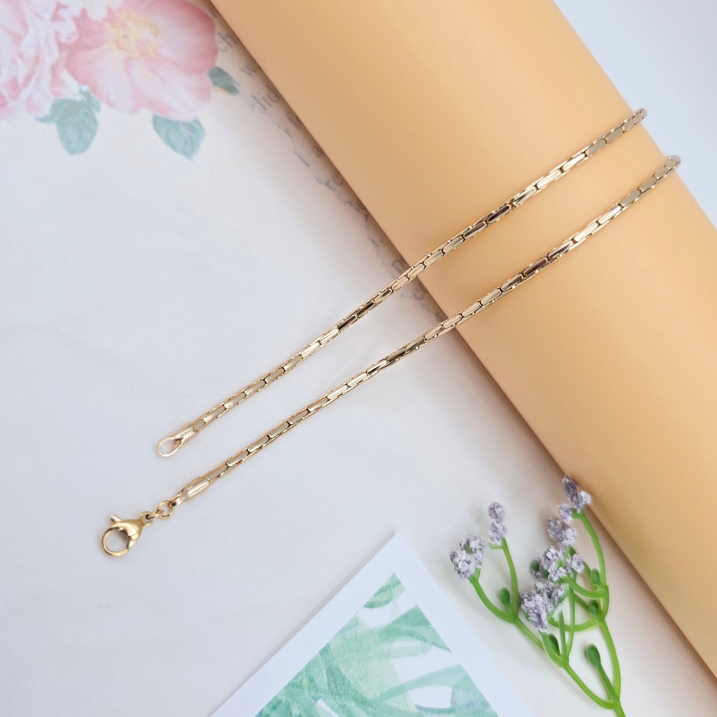 Slim Rose Gold Rectangle Link Necklace, 19.7 Inch Polished Chain, XPNL0038 (2004-8)