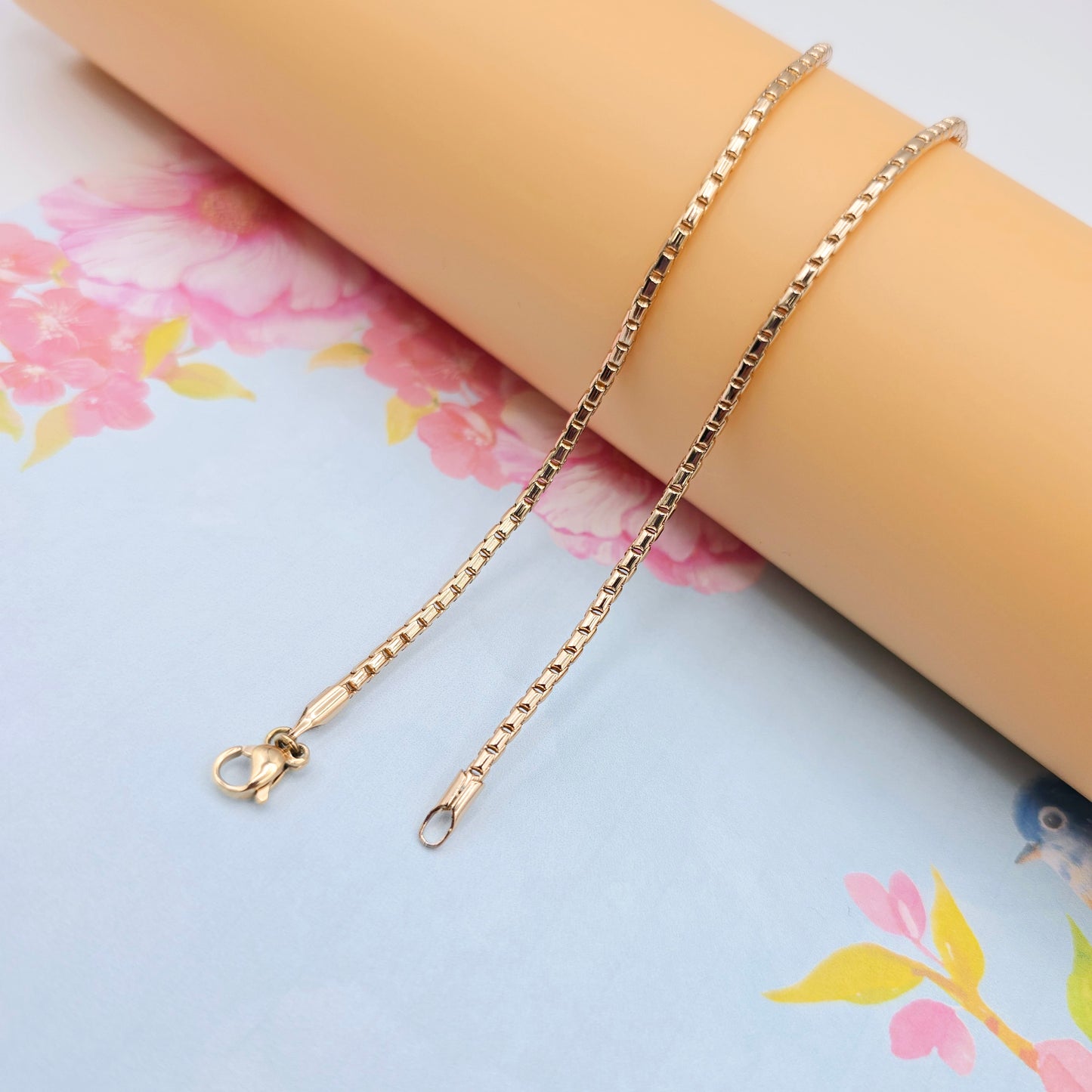 Slim Rose Gold Box Chain Necklace for Men & Women, 19.7 Inch Length, XPNL0077 (2008-7)