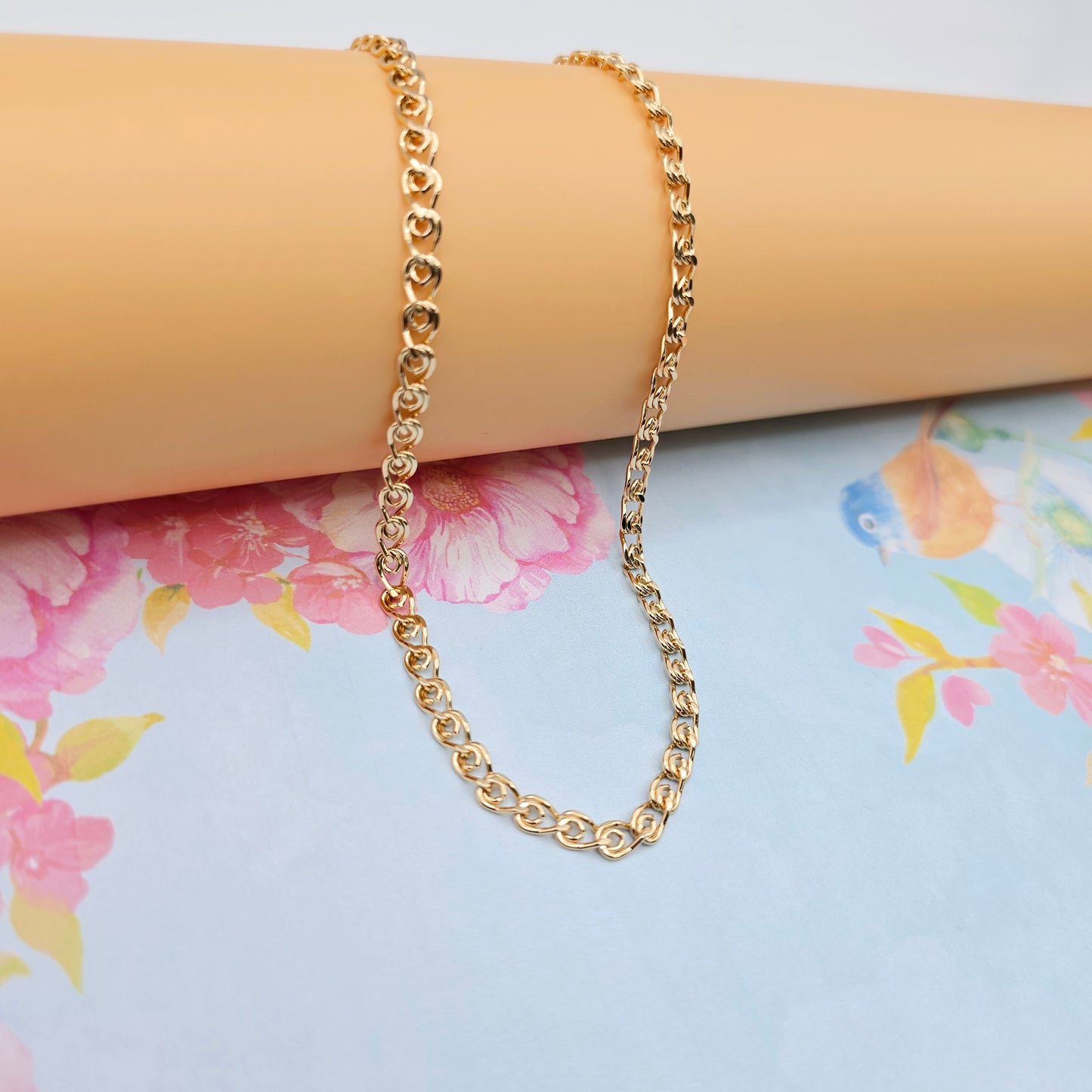 Glossy Rose Gold Heart Link Chain Necklace, 23.6 Inch Romantic Style, XPNL0090 (2009-10)