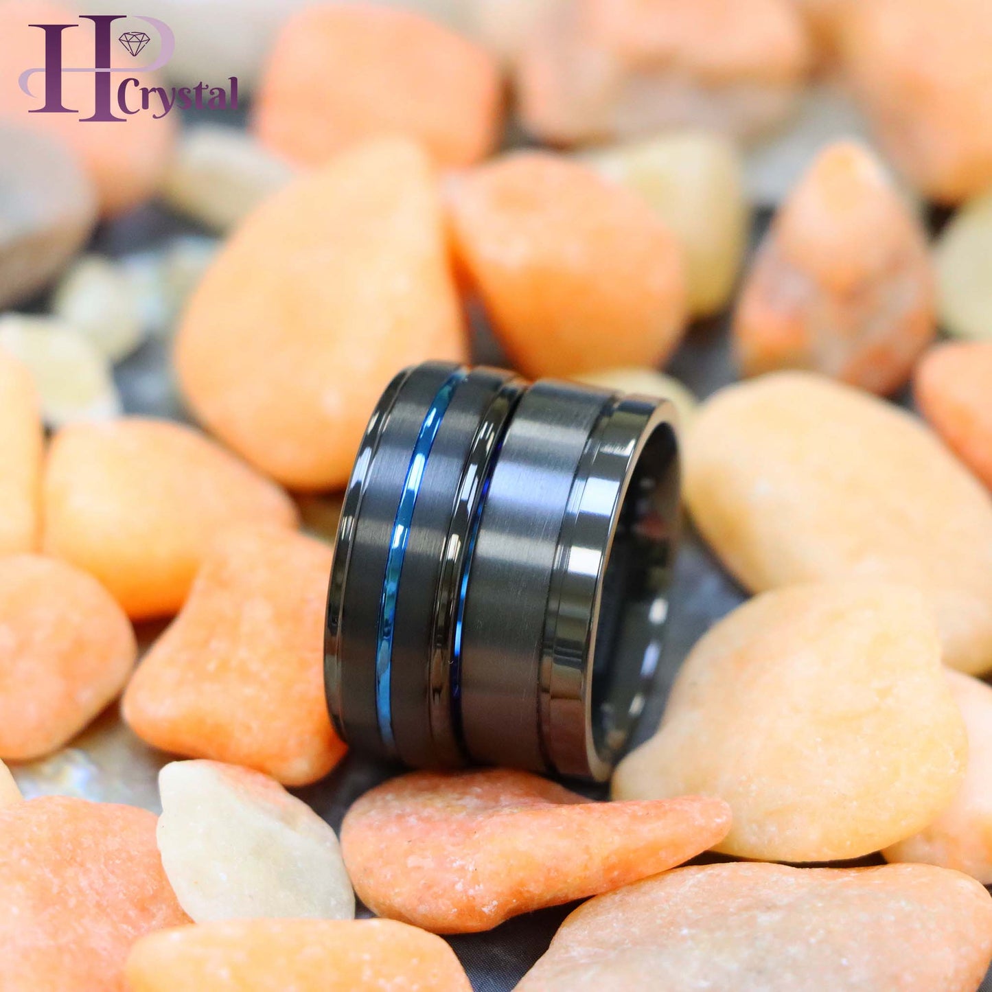 Zirconium Natural Gun Metal Off-Center Groove Zirconium Ring, Black IP with Blue Grooved Center Stepped Edge Tungsten Ring