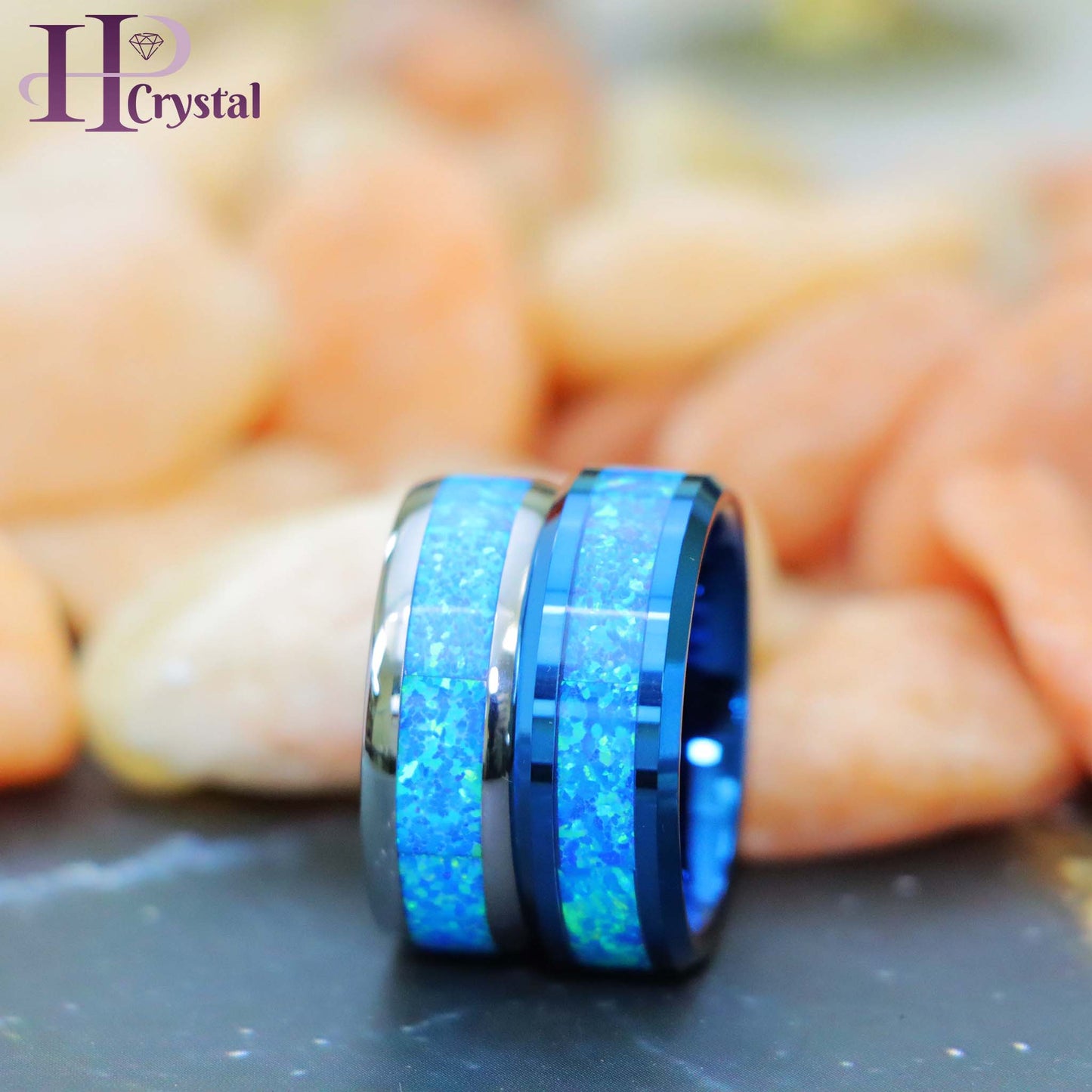 Blue/Silver IP Plated with Synthetic Blue Green Opal Inlay Tungsten Ring