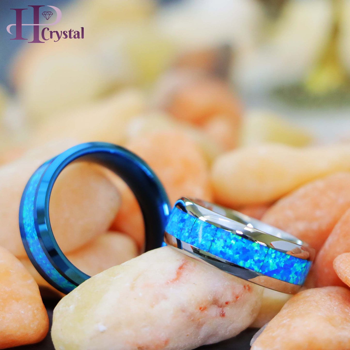 Blue/Silver IP Plated with Synthetic Blue Green Opal Inlay Tungsten Ring
