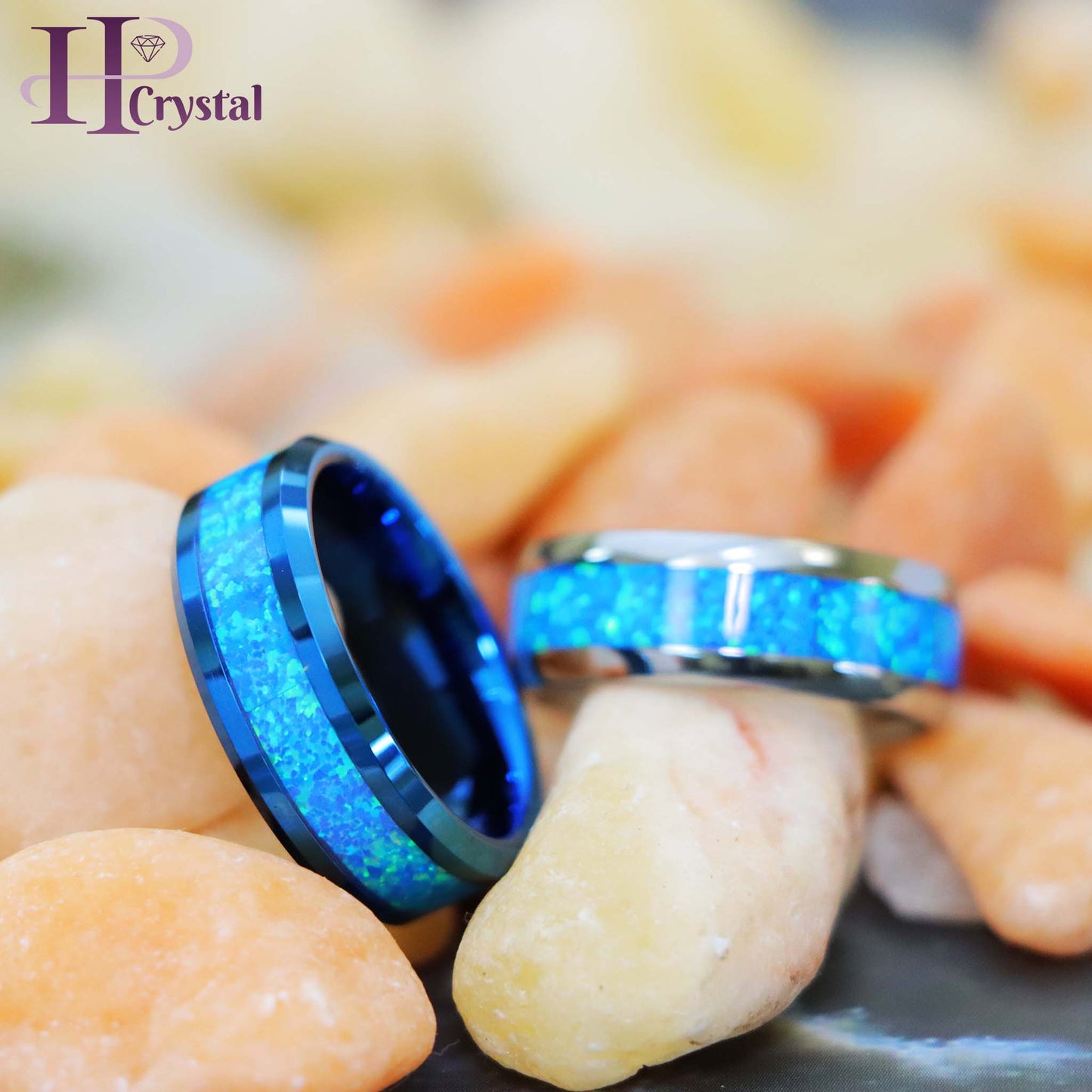 Blue/Silver IP Plated with Synthetic Blue Green Opal Inlay Tungsten Ring