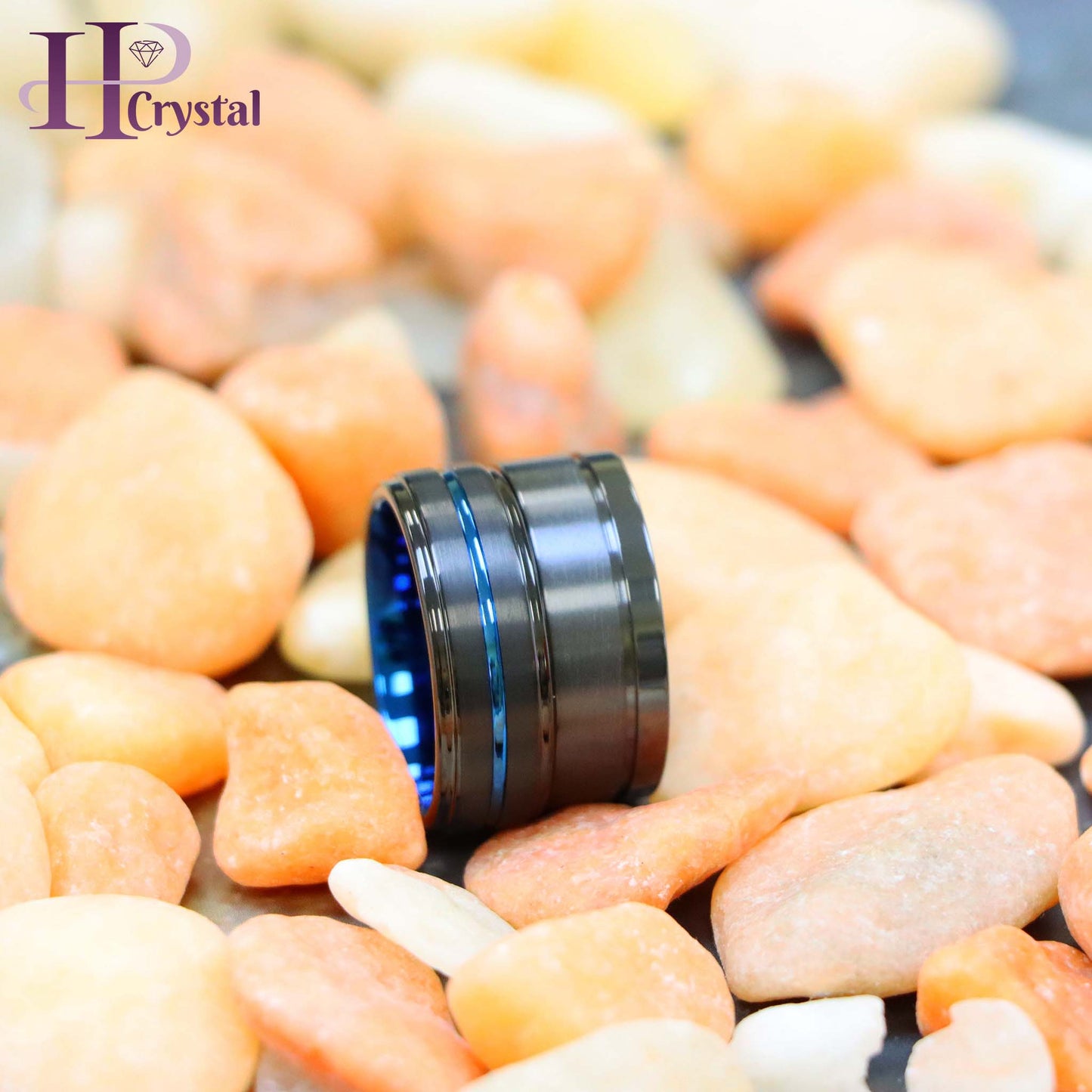 Zirconium Natural Gun Metal Off-Center Groove Zirconium Ring, Black IP with Blue Grooved Center Stepped Edge Tungsten Ring