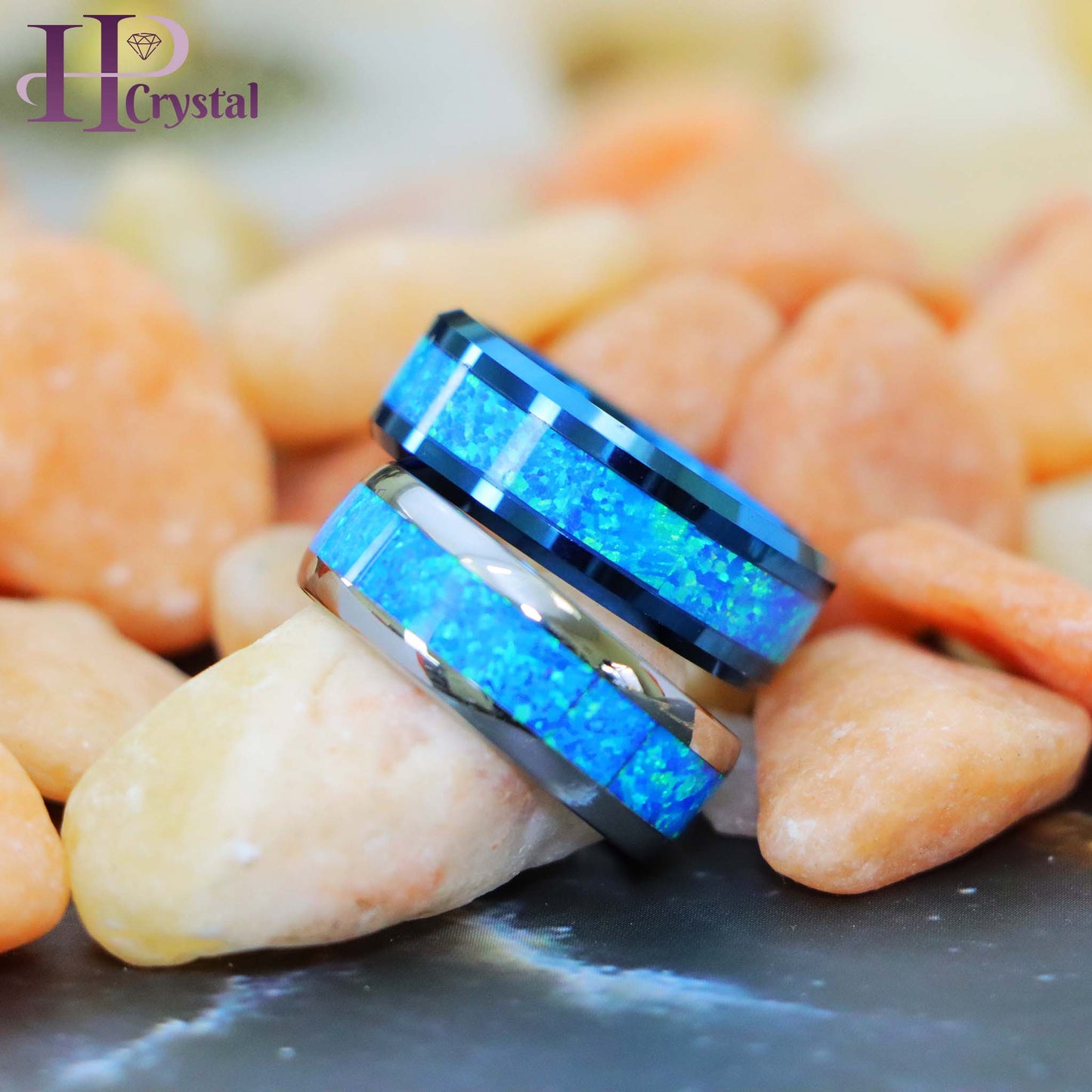 Blue/Silver IP Plated with Synthetic Blue Green Opal Inlay Tungsten Ring