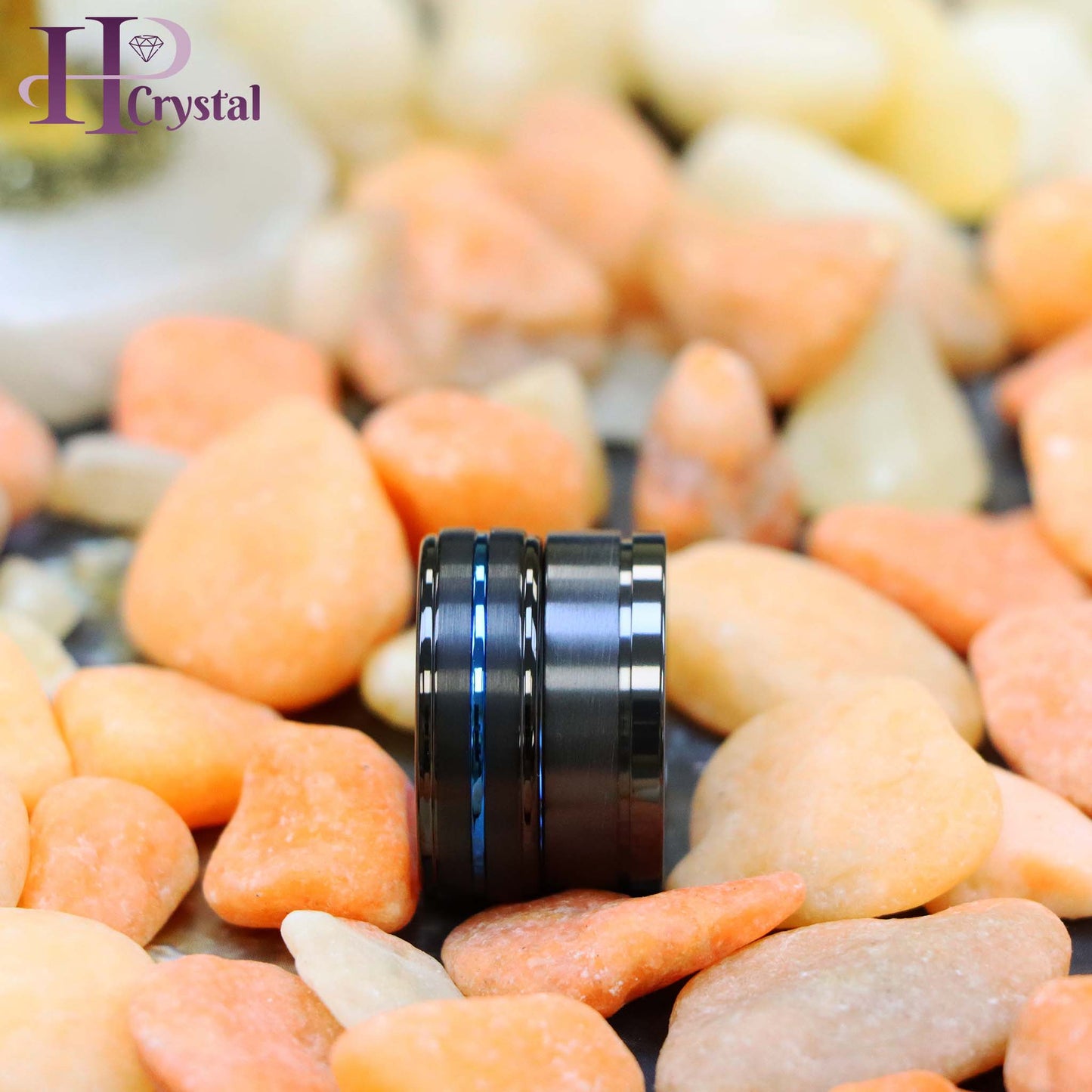 Zirconium Natural Gun Metal Off-Center Groove Zirconium Ring, Black IP with Blue Grooved Center Stepped Edge Tungsten Ring