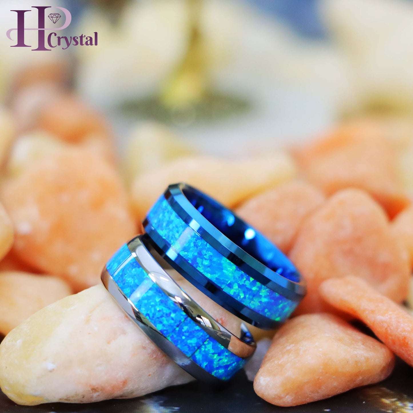 Blue/Silver IP Plated with Synthetic Blue Green Opal Inlay Tungsten Ring