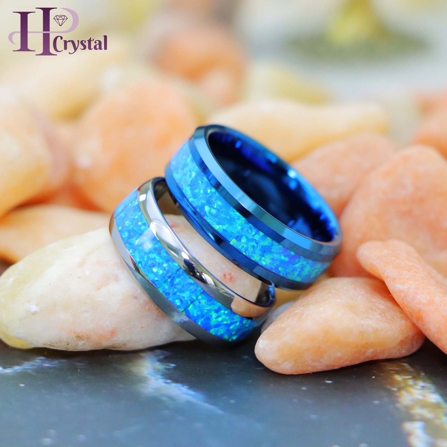 Blue/Silver IP Plated with Synthetic Blue Green Opal Inlay Tungsten Ring