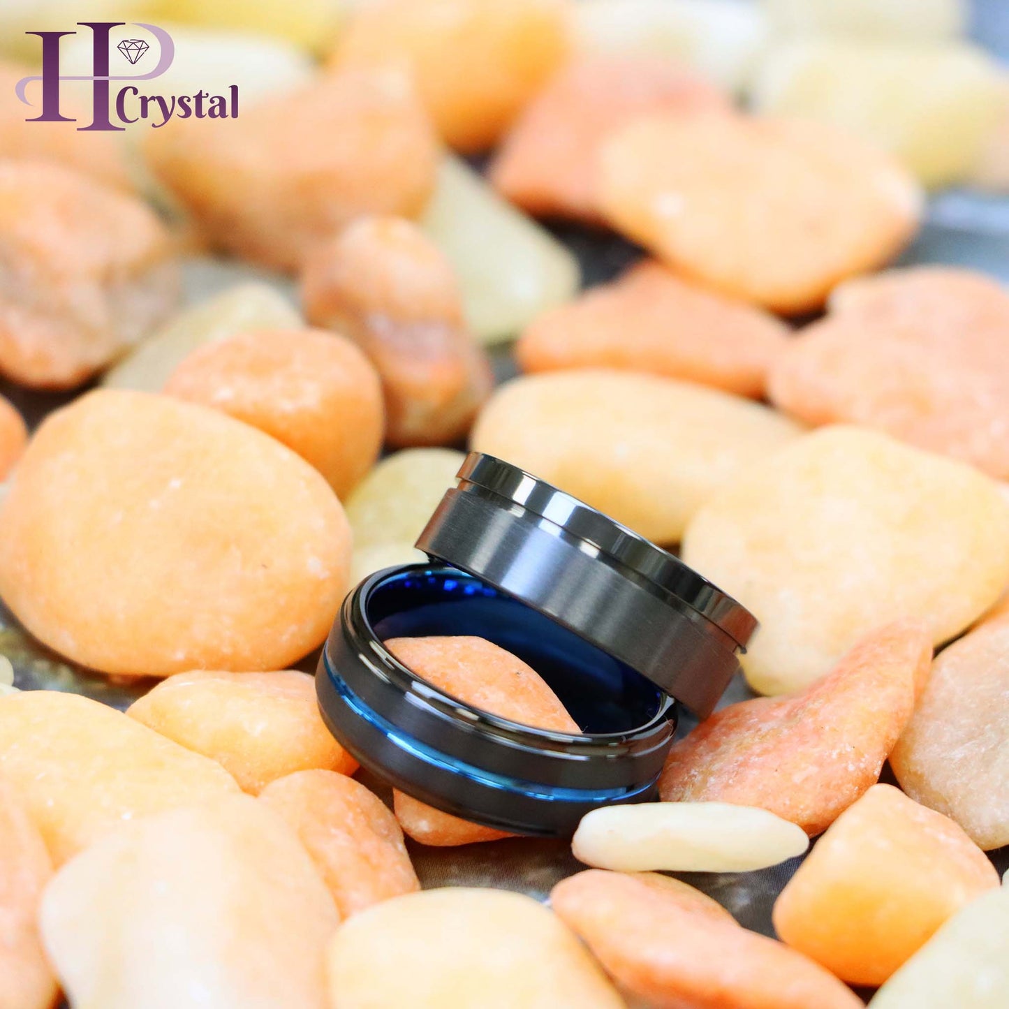 Zirconium Natural Gun Metal Off-Center Groove Zirconium Ring, Black IP with Blue Grooved Center Stepped Edge Tungsten Ring