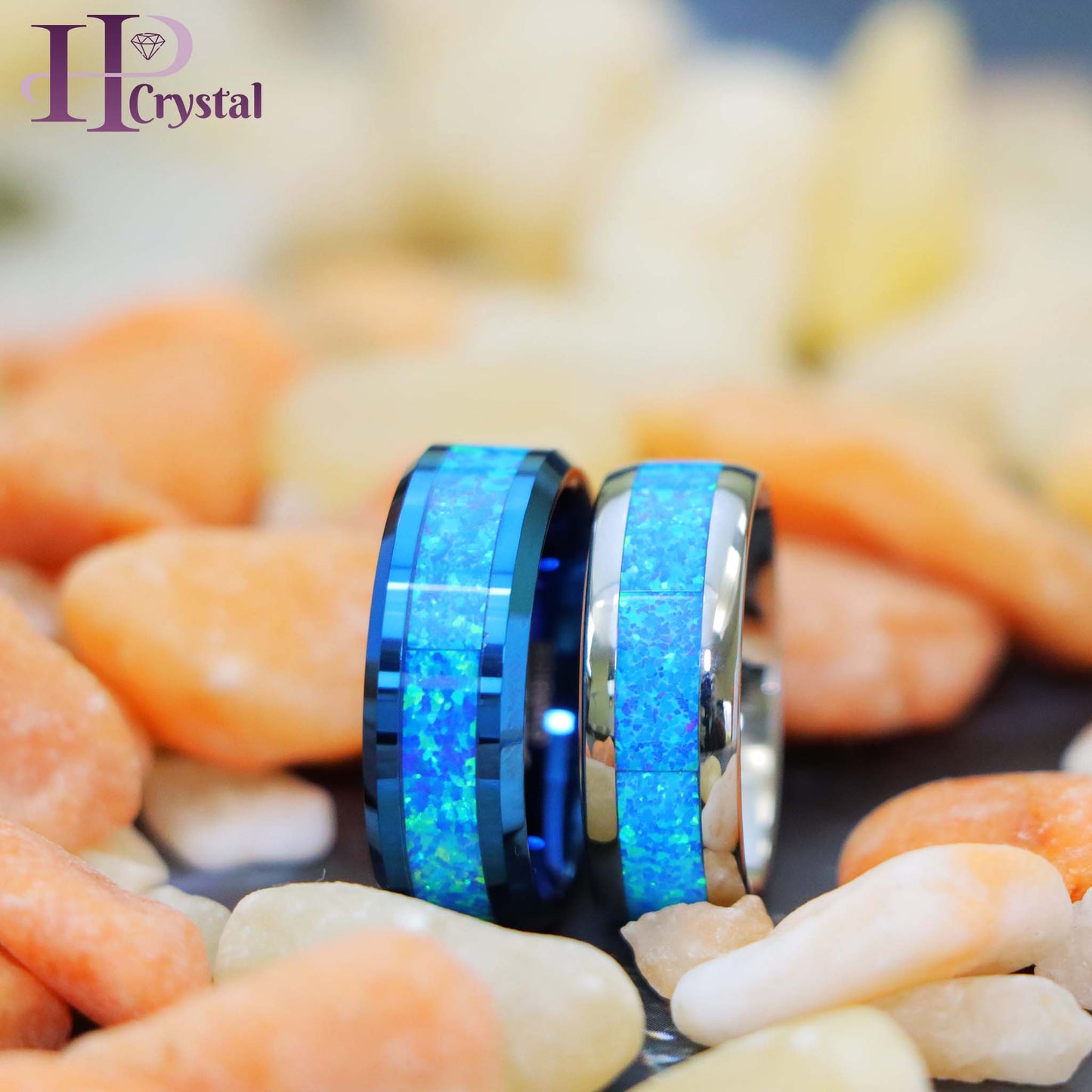 Blue/Silver IP Plated with Synthetic Blue Green Opal Inlay Tungsten Ring