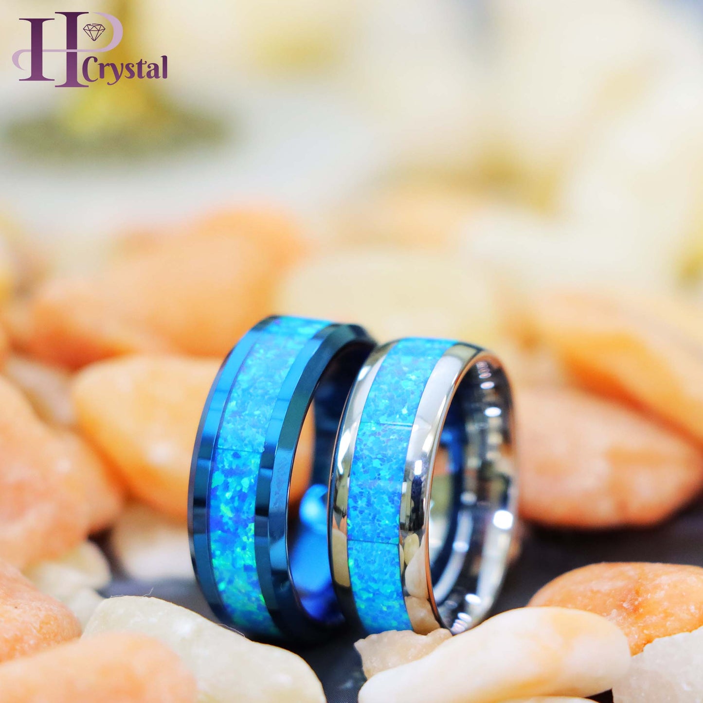 Blue/Silver IP Plated with Synthetic Blue Green Opal Inlay Tungsten Ring