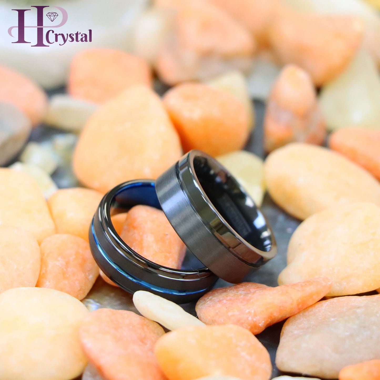 Zirconium Natural Gun Metal Off-Center Groove Zirconium Ring, Black IP with Blue Grooved Center Stepped Edge Tungsten Ring