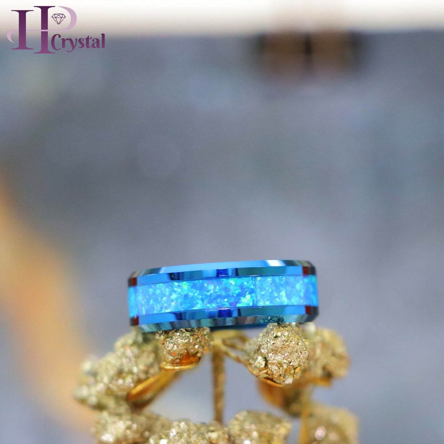 Blue/Silver IP Plated with Synthetic Blue Green Opal Inlay Tungsten Ring