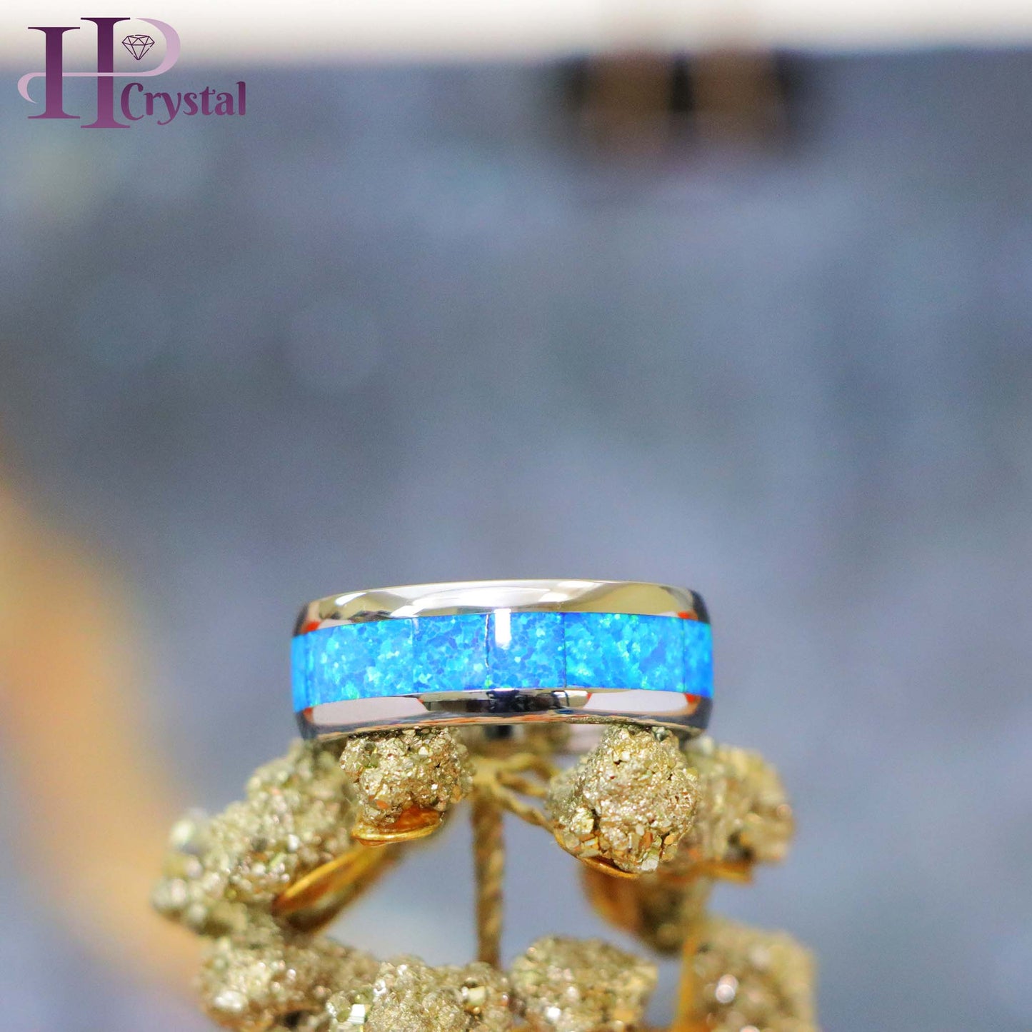 Blue/Silver IP Plated with Synthetic Blue Green Opal Inlay Tungsten Ring