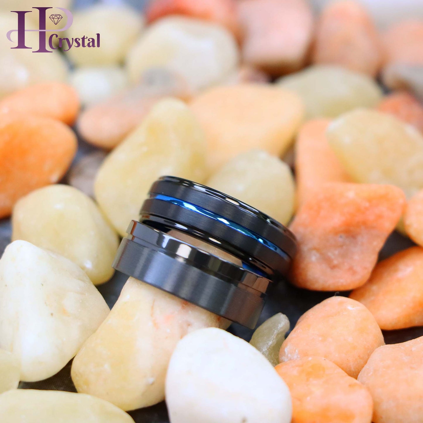Zirconium Natural Gun Metal Off-Center Groove Zirconium Ring, Black IP with Blue Grooved Center Stepped Edge Tungsten Ring