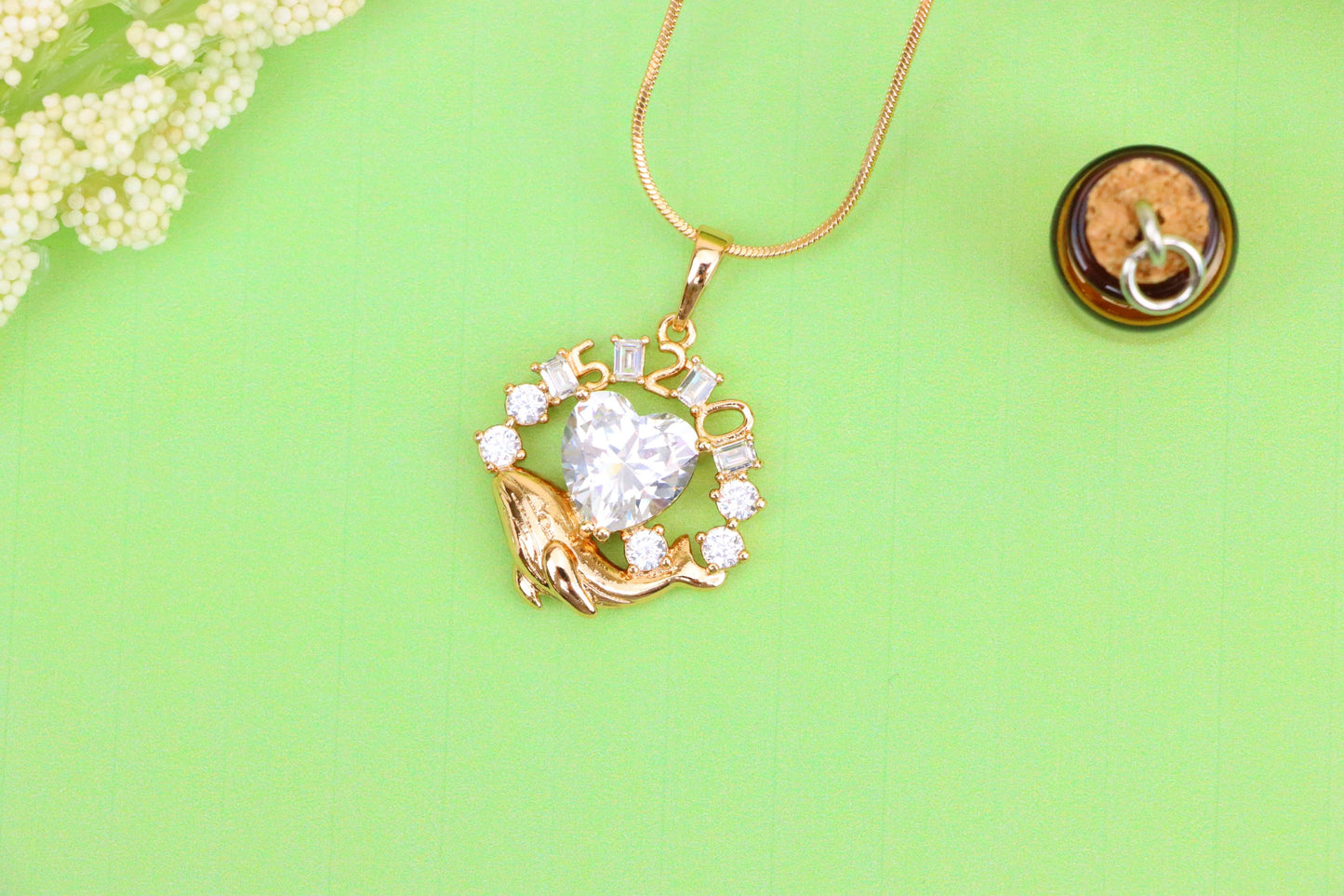 Rose Gold Dolphin Pendant with Heart CZ & Number Detail, XPPT1551 (2143-3)