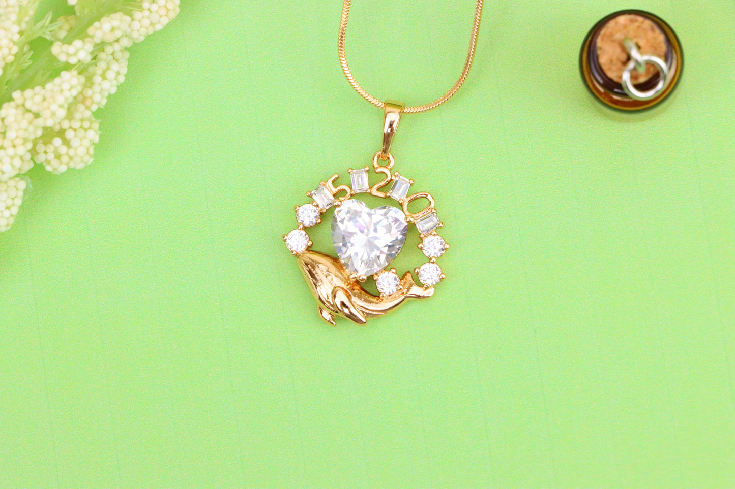 Rose Gold Dolphin Pendant with Heart CZ & Number Detail, XPPT1551 (2143-3)