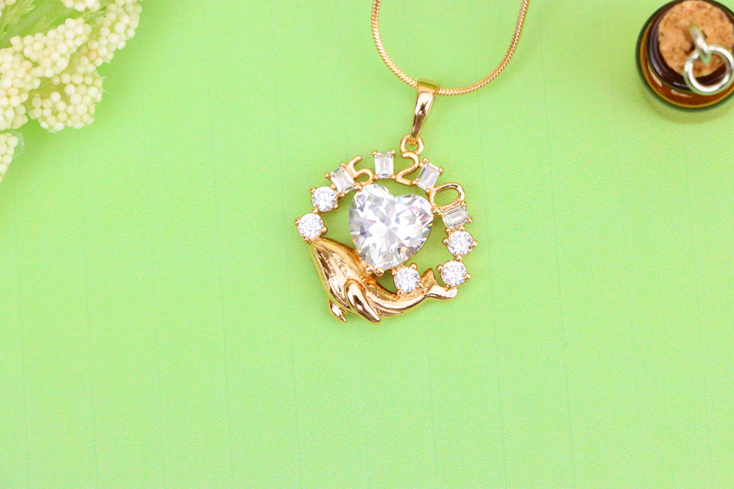 Rose Gold Dolphin Pendant with Heart CZ & Number Detail, XPPT1551 (2143-3)
