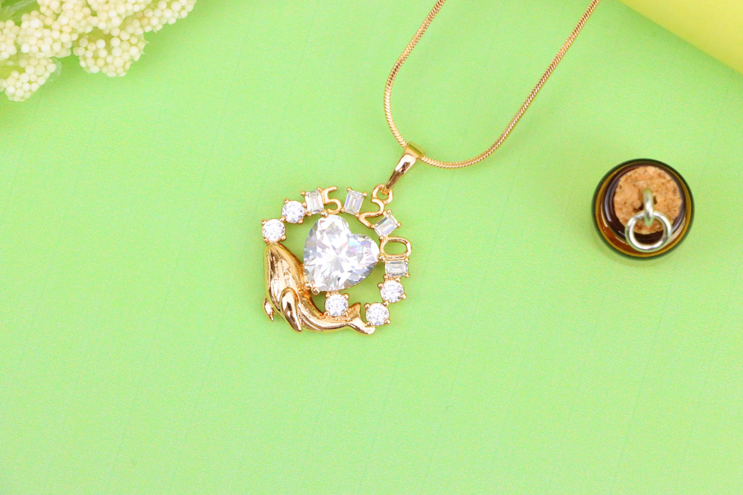 Rose Gold Dolphin Pendant with Heart CZ & Number Detail, XPPT1551 (2143-3)