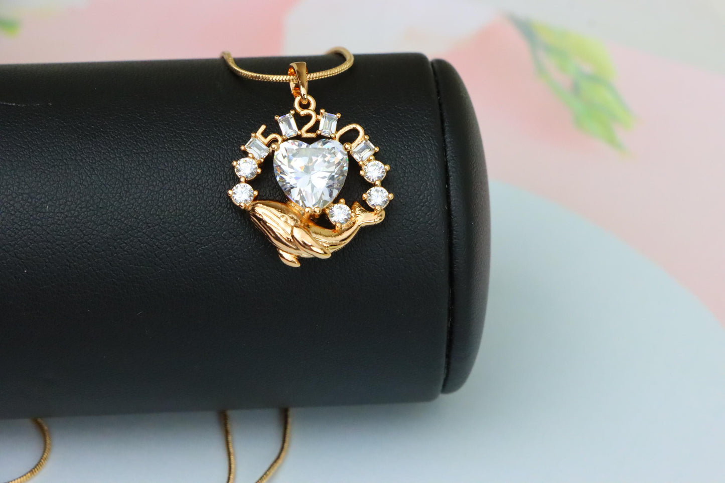 Rose Gold Dolphin Pendant with Heart CZ & Number Detail, XPPT1551 (2143-3)