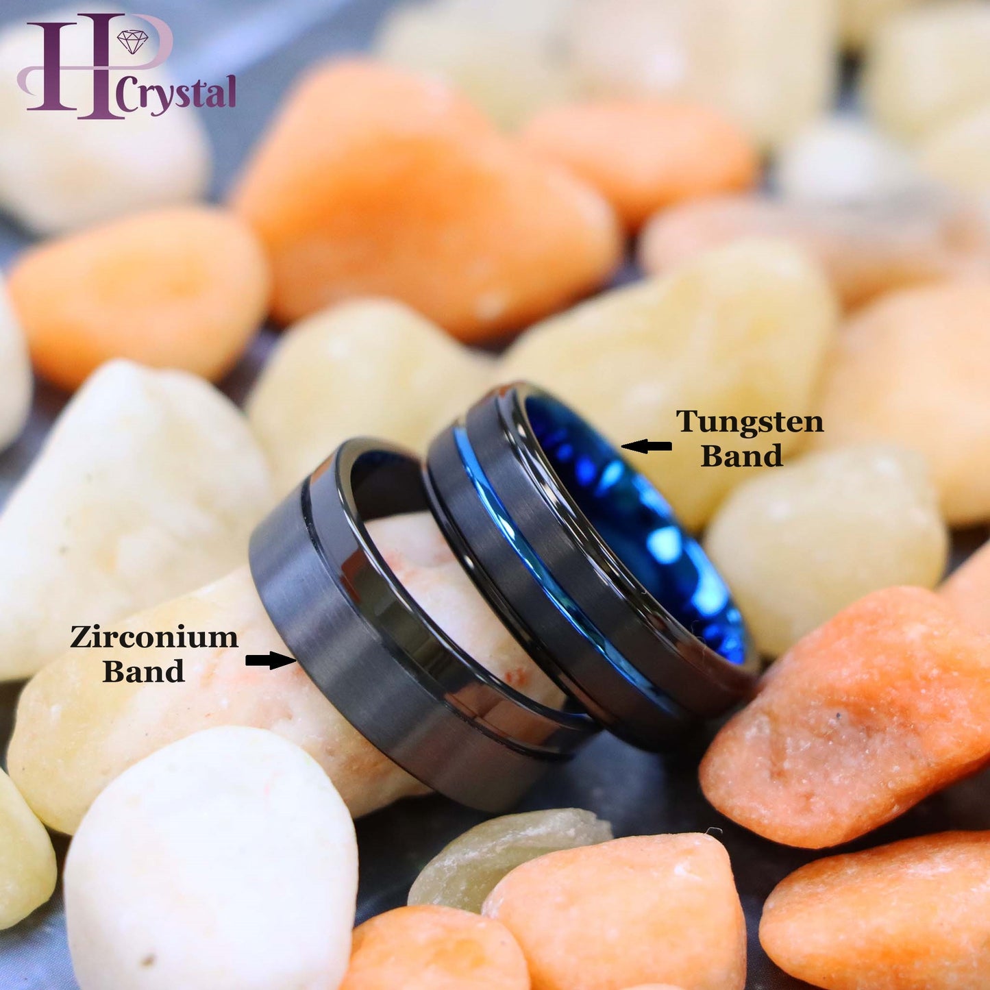 Zirconium Natural Gun Metal Off-Center Groove Zirconium Ring, Black IP with Blue Grooved Center Stepped Edge Tungsten Ring