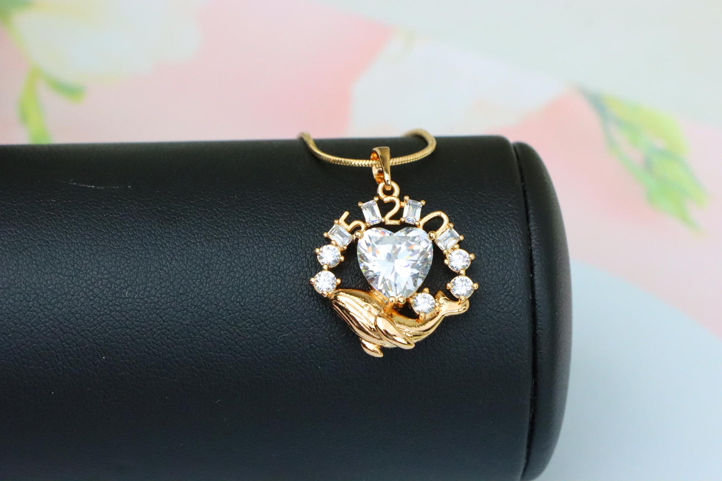Rose Gold Dolphin Pendant with Heart CZ & Number Detail, XPPT1551 (2143-3)