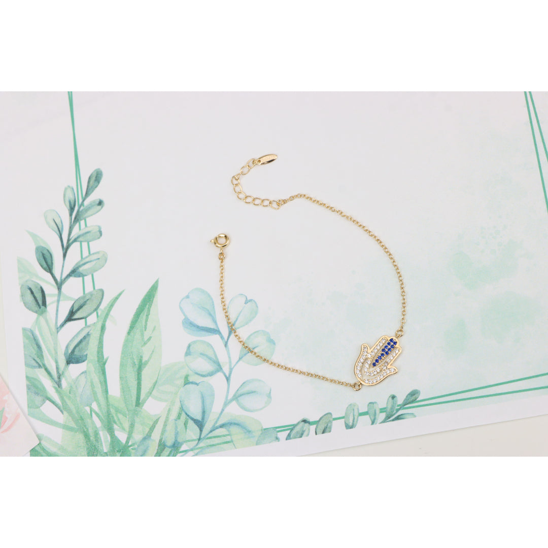 Elegant Hamsa Hand Charm Rose Gold Bracelet with Blue Accents, XPBL0852 (2086-1)