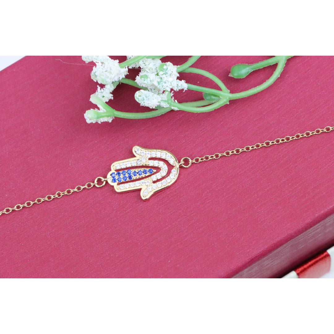 Elegant Hamsa Hand Charm Rose Gold Bracelet with Blue Accents, XPBL0852 (2086-1)