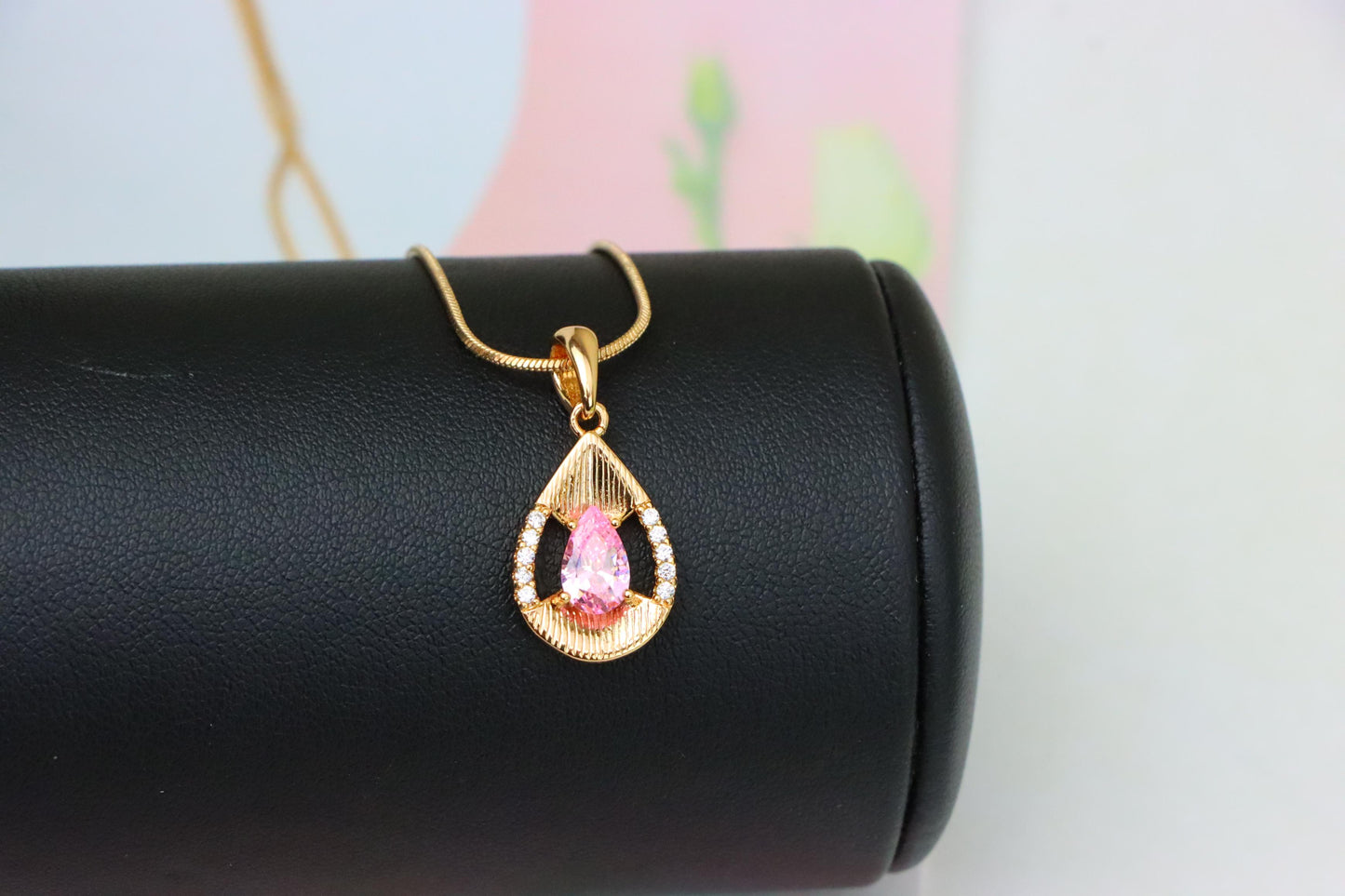 Teardrop Pink Pendant with Sparkling Crystals in Gold Plated Setting, XPPT1693 (2164-4)