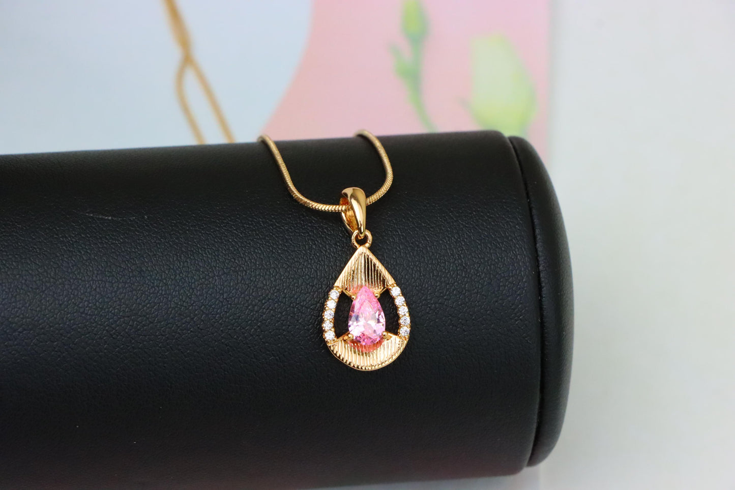 Teardrop Pink Pendant with Sparkling Crystals in Gold Plated Setting, XPPT1693 (2164-4)
