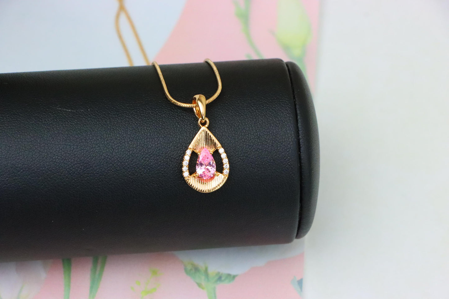 Teardrop Pink Pendant with Sparkling Crystals in Gold Plated Setting, XPPT1693 (2164-4)