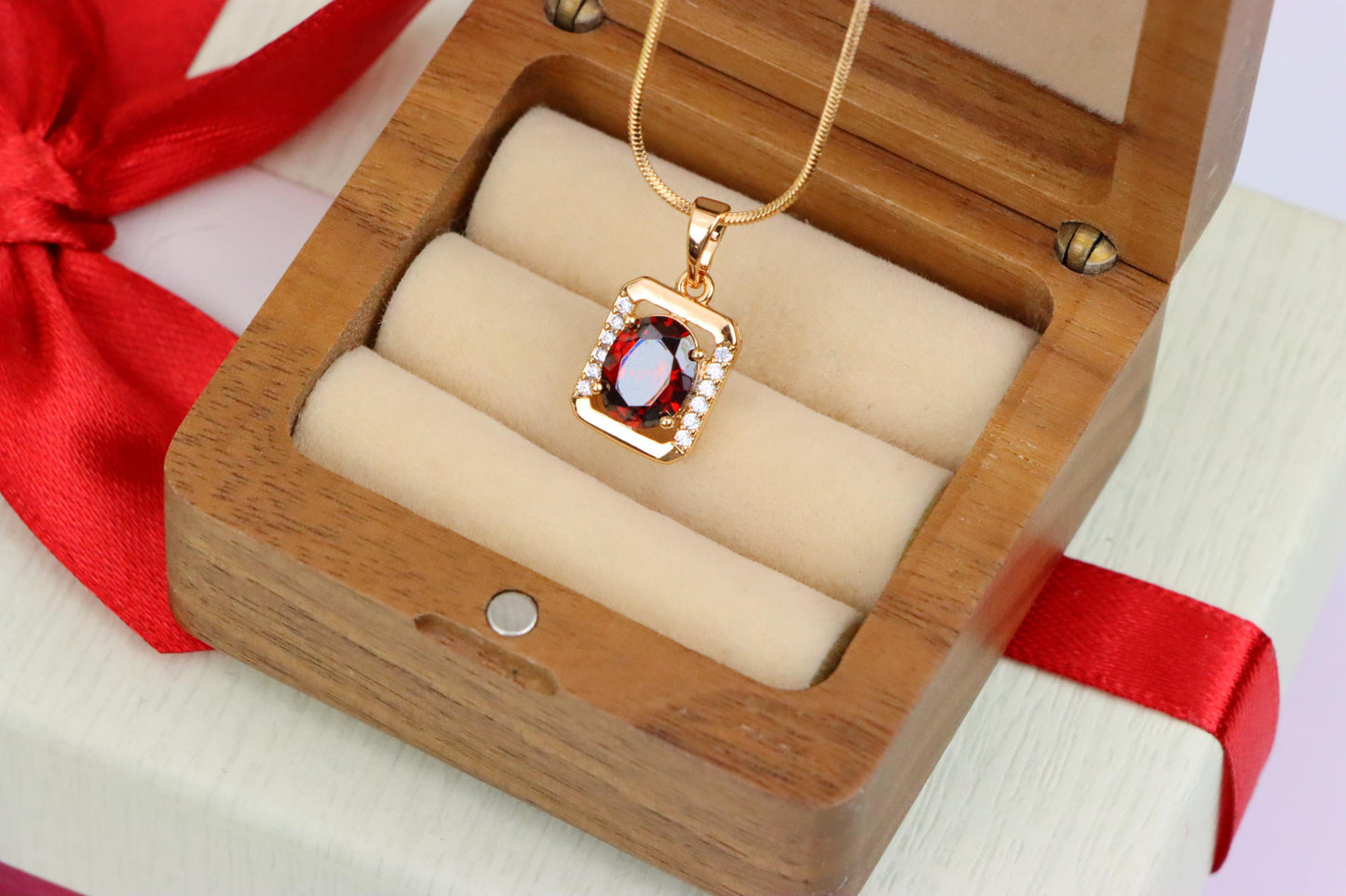 Elegant Red CZ Rose Gold Pendant with Mini Crystal Accents, XPPT1552 (2143-4)