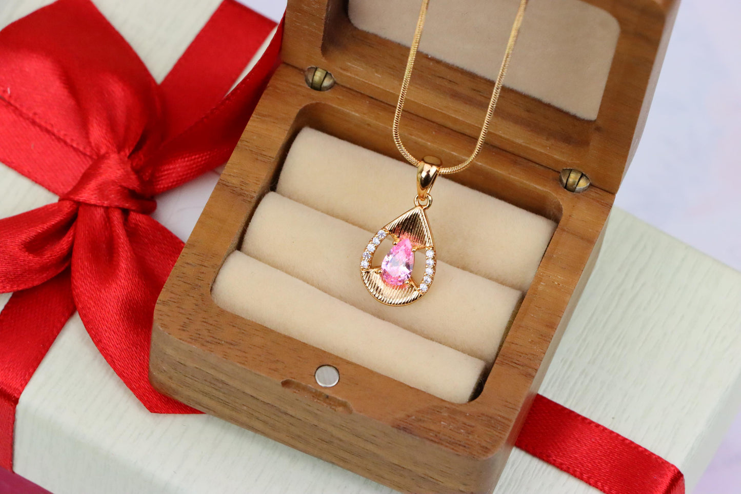 Teardrop Pink Pendant with Sparkling Crystals in Gold Plated Setting, XPPT1693 (2164-4)