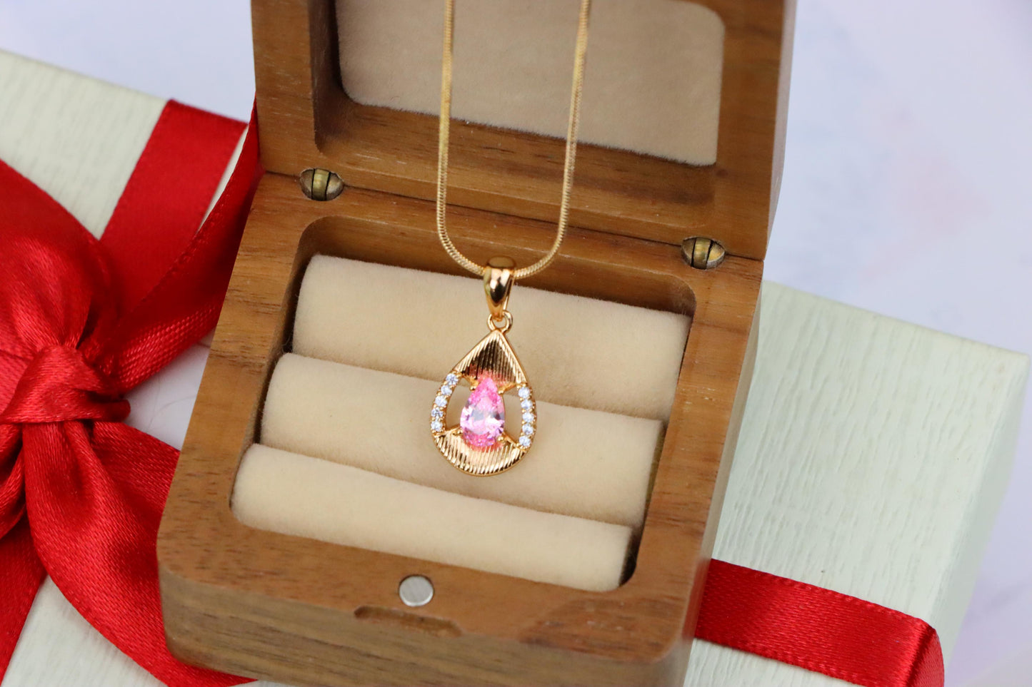 Teardrop Pink Pendant with Sparkling Crystals in Gold Plated Setting, XPPT1693 (2164-4)